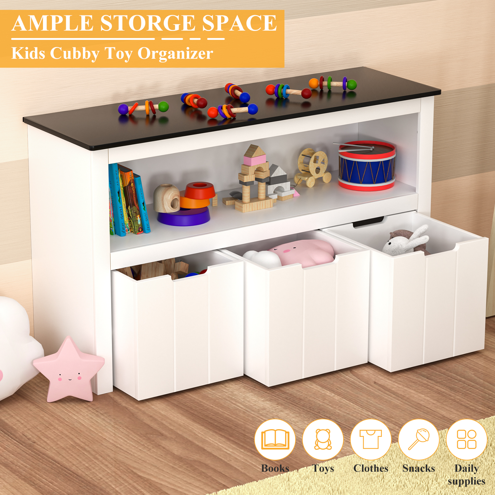 Yaoping Kids Toy Storage Organizer for Kids Room Organizers and Storage, 3 Storage Bins and Open Shelf for Playroom Storage