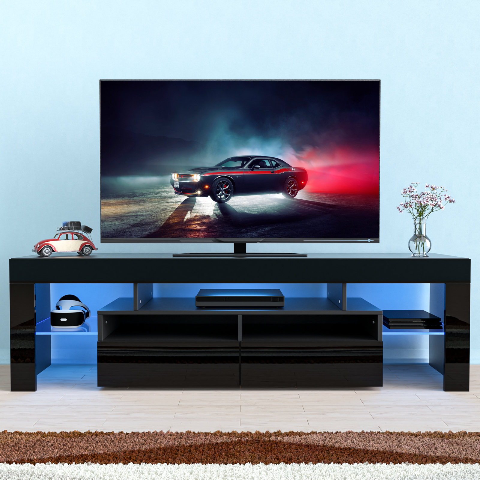 PWFE LED Light TV Stand for 60/65/70 inch TV, Modern Gloss Entertainment Center with Drawer and Glass Open Shelf, TV Console Table for Living Room