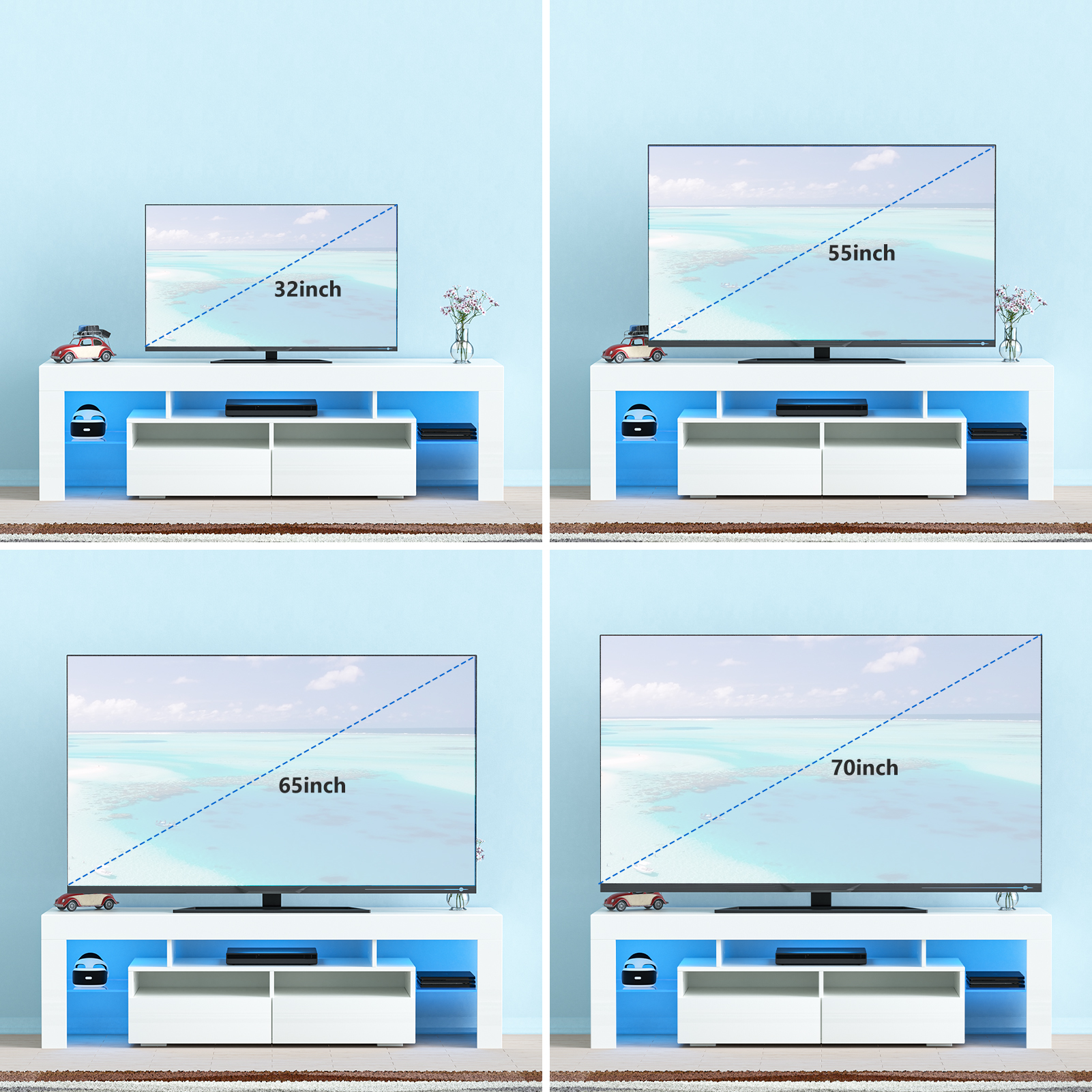 PWFE LED Light TV Stand for 60/65/70 inch TV, Modern Gloss Entertainment Center with Drawer and Glass Open Shelf, TV Console Table for Living Room