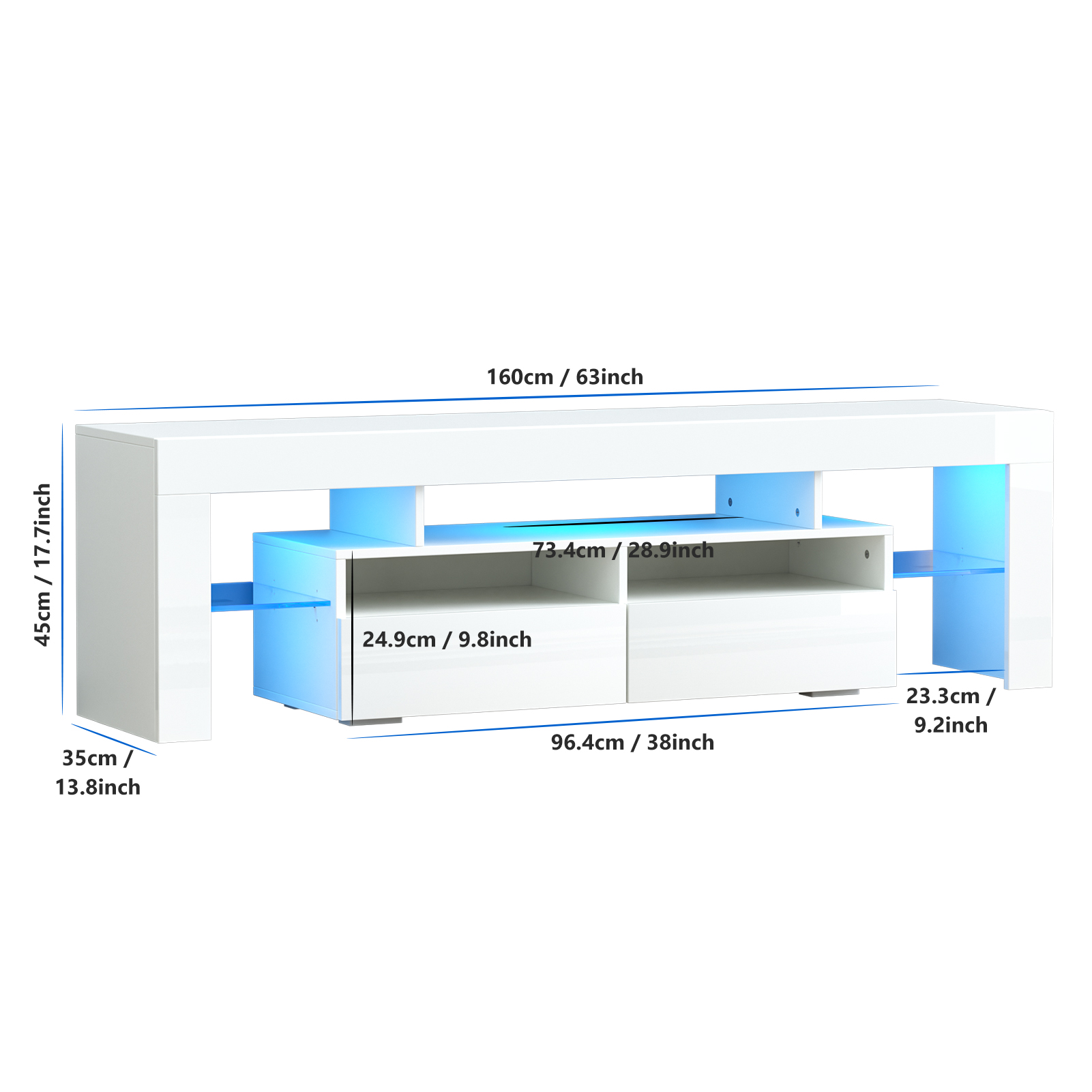 PWFE LED Light TV Stand for 60/65/70 inch TV, Modern Gloss Entertainment Center with Drawer and Glass Open Shelf, TV Console Table for Living Room