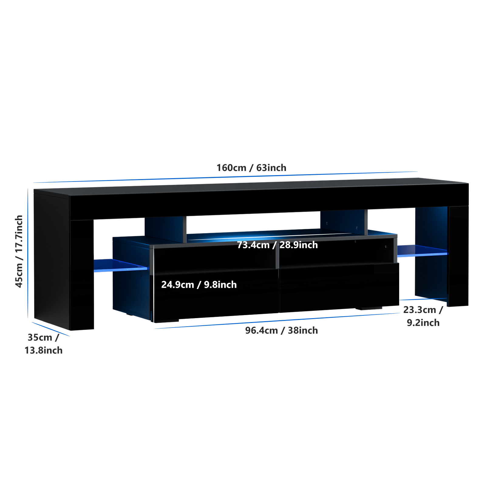 PWFE LED Light TV Stand for 60/65/70 inch TV, Modern Gloss Entertainment Center with Drawer and Glass Open Shelf, TV Console Table for Living Room