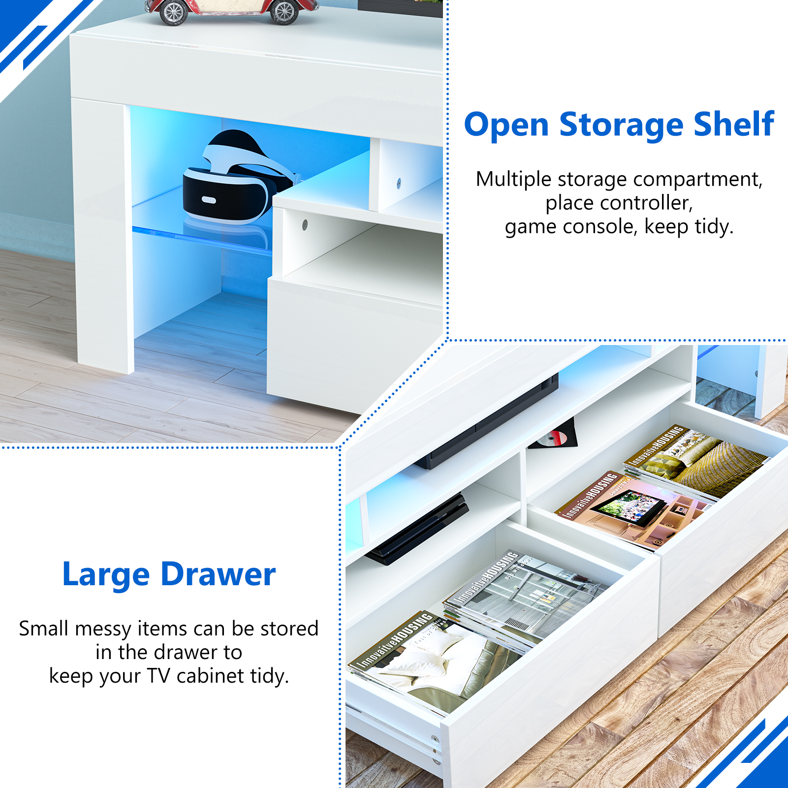 PWFE LED Light TV Stand for 60/65/70 inch TV, Modern Gloss Entertainment Center with Drawer and Glass Open Shelf, TV Console Table for Living Room