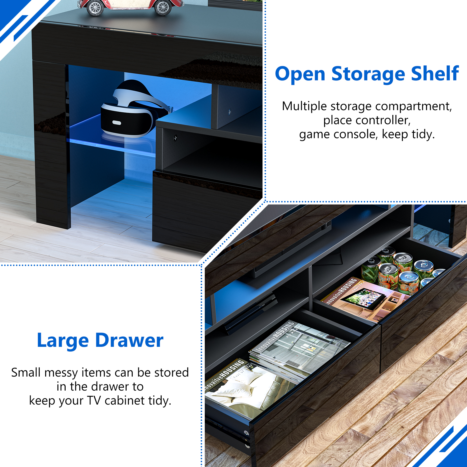 PWFE LED Light TV Stand for 60/65/70 inch TV, Modern Gloss Entertainment Center with Drawer and Glass Open Shelf, TV Console Table for Living Room