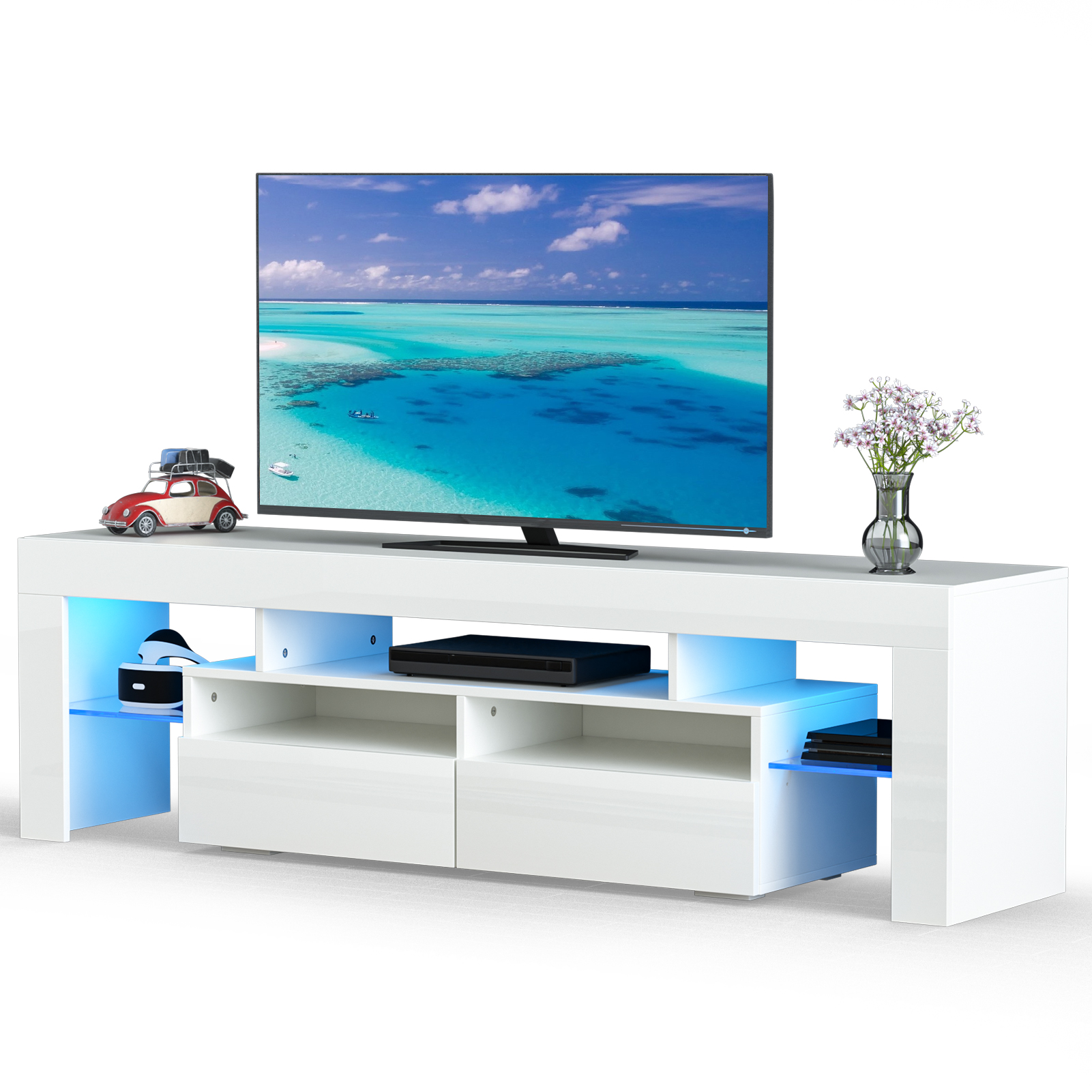 PWFE LED Light TV Stand for 60/65/70 inch TV, Modern Gloss Entertainment Center with Drawer and Glass Open Shelf, TV Console Table for Living Room