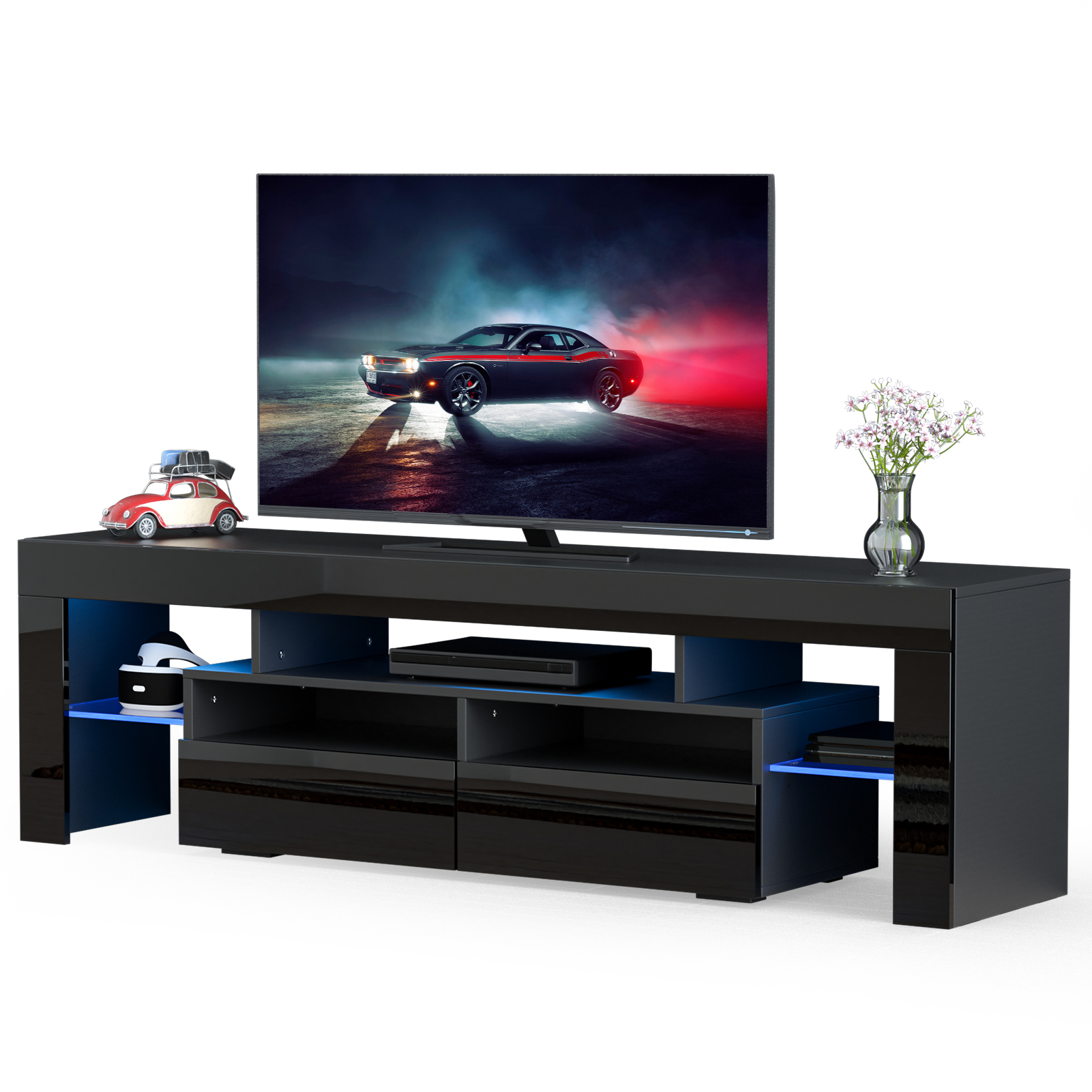 PWFE LED Light TV Stand for 60/65/70 inch TV, Modern Gloss Entertainment Center with Drawer and Glass Open Shelf, TV Console Table for Living Room