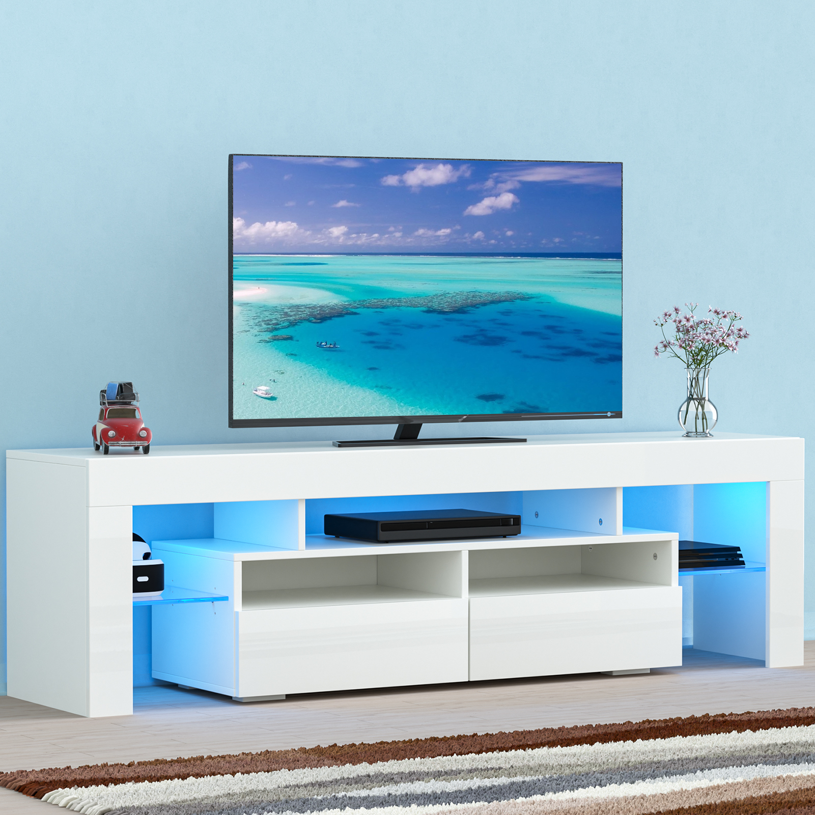 PWFE LED Light TV Stand for 60/65/70 inch TV, Modern Gloss Entertainment Center with Drawer and Glass Open Shelf, TV Console Table for Living Room