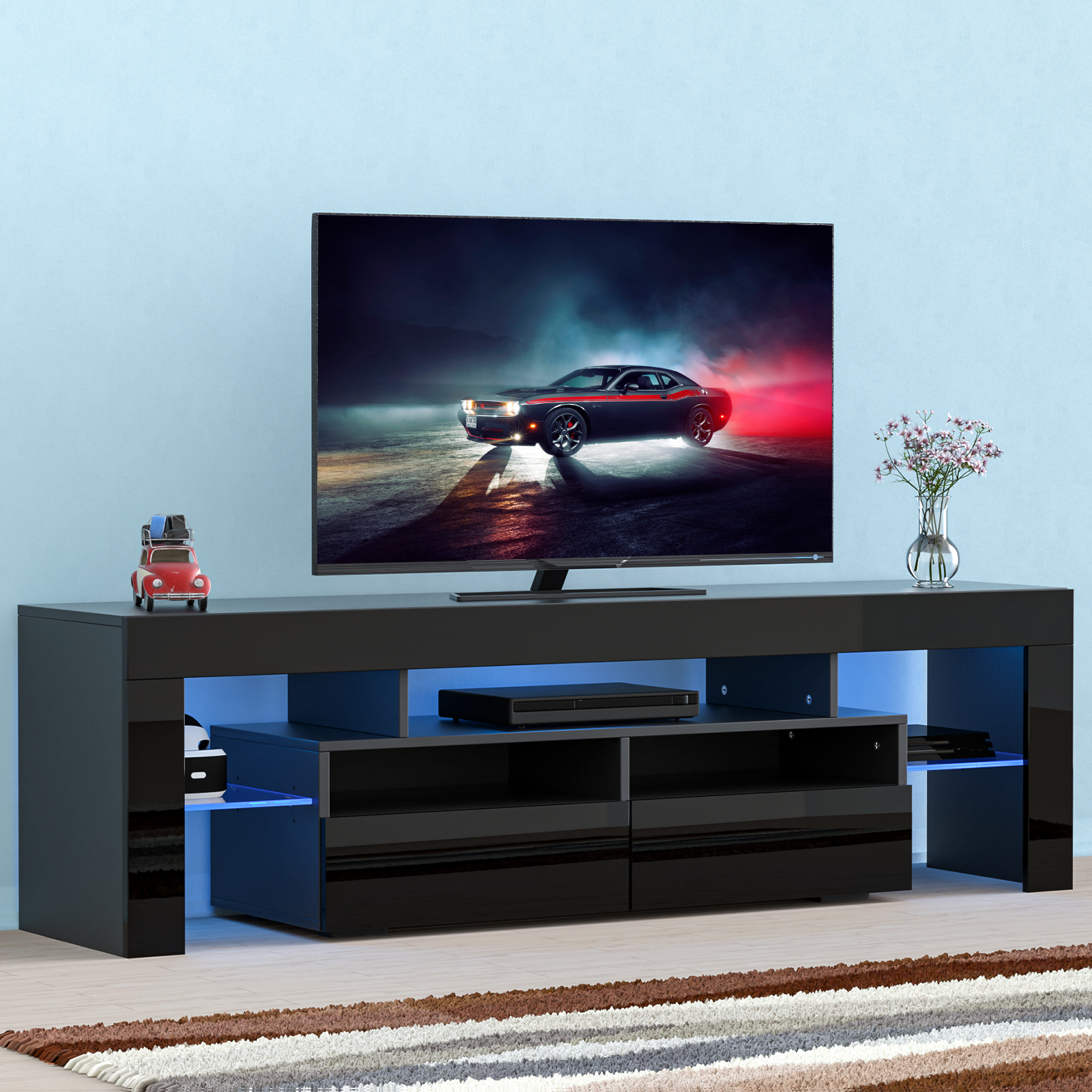 PWFE LED Light TV Stand for 60/65/70 inch TV, Modern Gloss Entertainment Center with Drawer and Glass Open Shelf, TV Console Table for Living Room