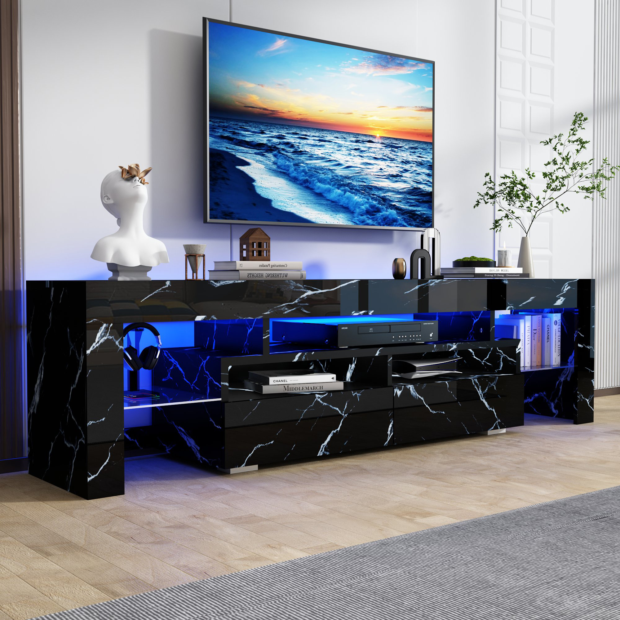 ChVans LED TV Stand for 65/75/85 inch TV, High Glossy Modern Entertainment Center with Drawer and LED Lights