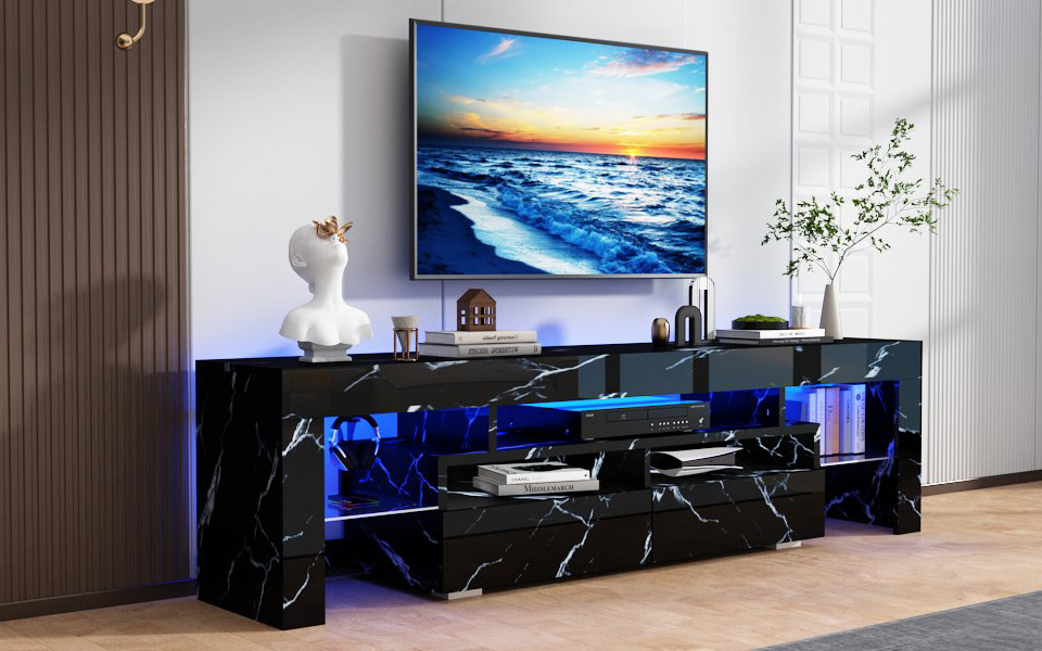 ChVans LED TV Stand for 65/75/85 inch TV, High Glossy Modern Entertainment Center with Drawer and LED Lights