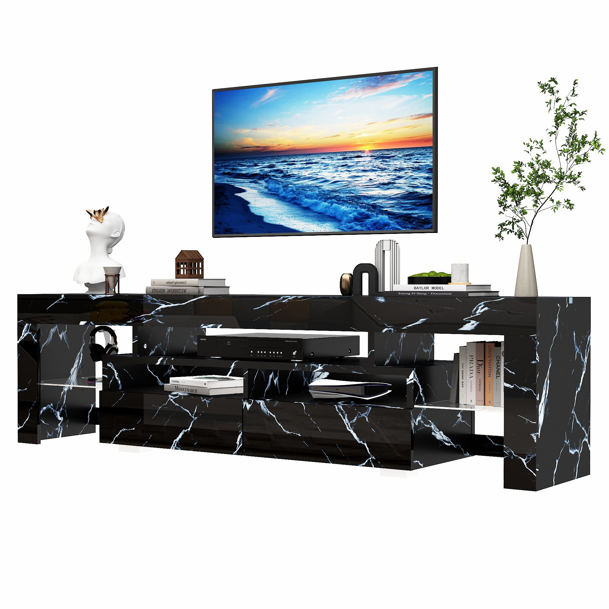 ChVans LED TV Stand for 65/75/85 inch TV, High Glossy Modern Entertainment Center with Drawer and LED Lights