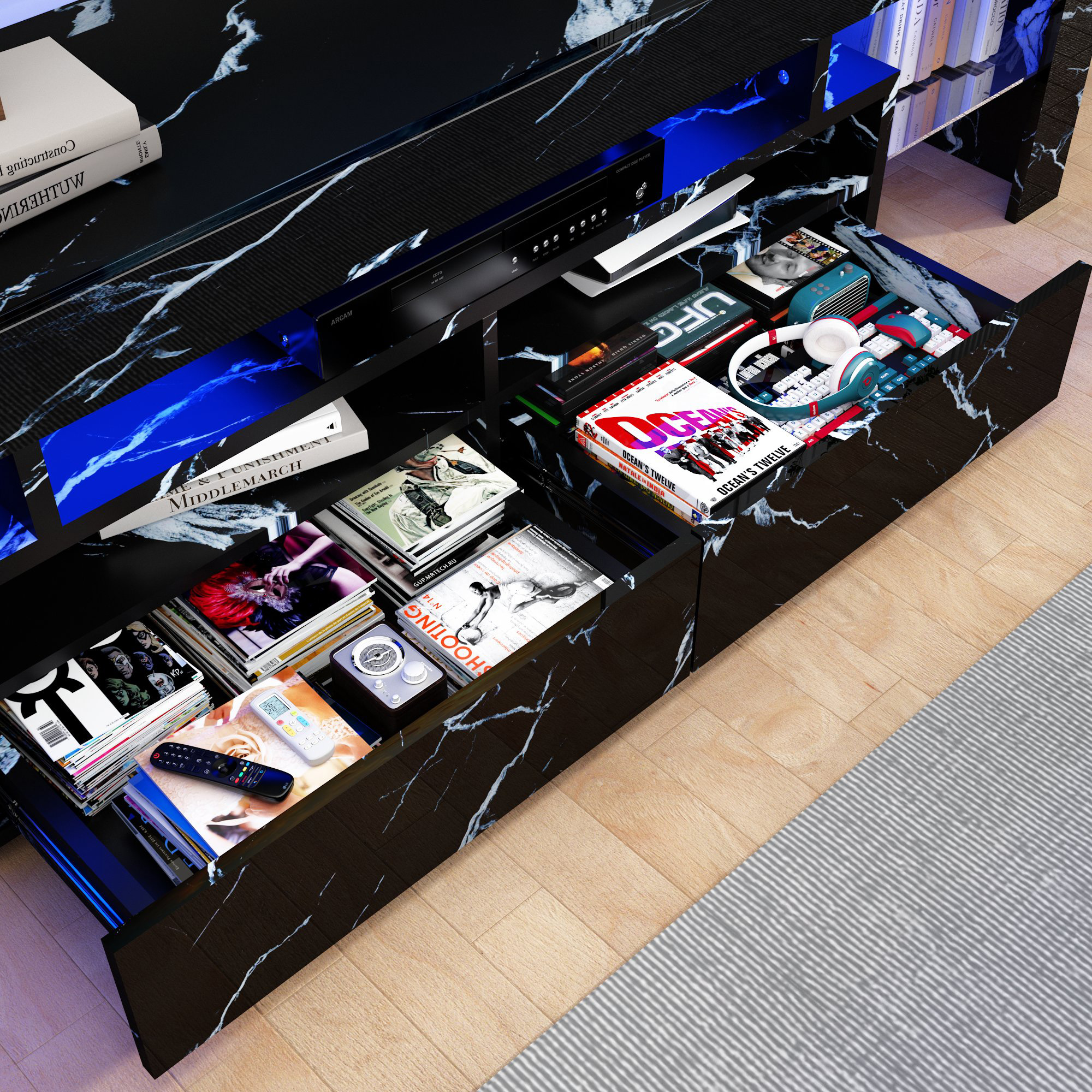 ChVans LED TV Stand for 65/75/85 inch TV, High Glossy Modern Entertainment Center with Drawer and LED Lights