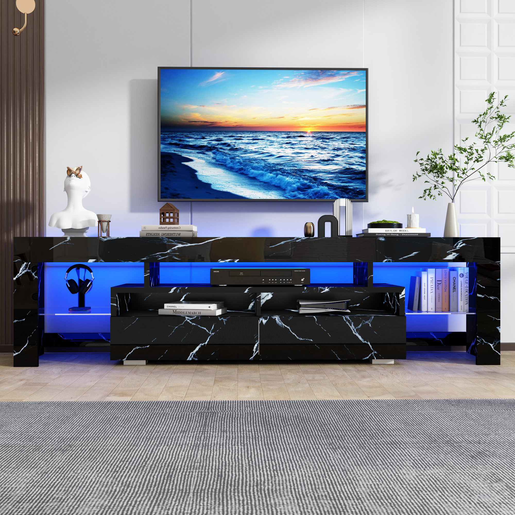 ChVans LED TV Stand for 65/75/85 inch TV, High Glossy Modern Entertainment Center with Drawer and LED Lights