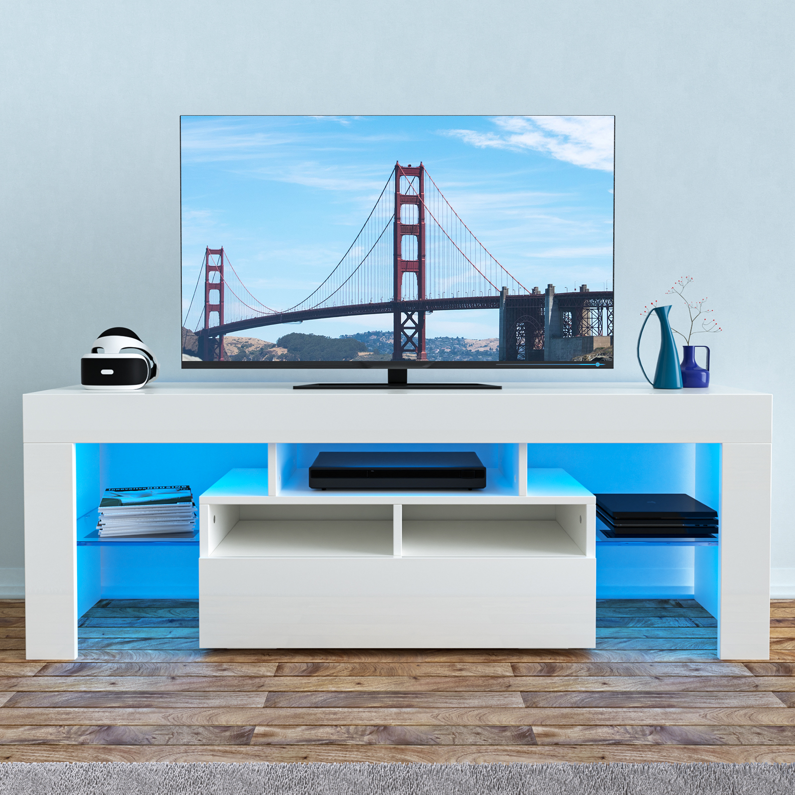 PWFE LED Light TV Stand for 55/60/65 inch TV, Modern Gloss Entertainment Center with Drawer and Glass Open Shelf, TV Console Table for Living Room, Black