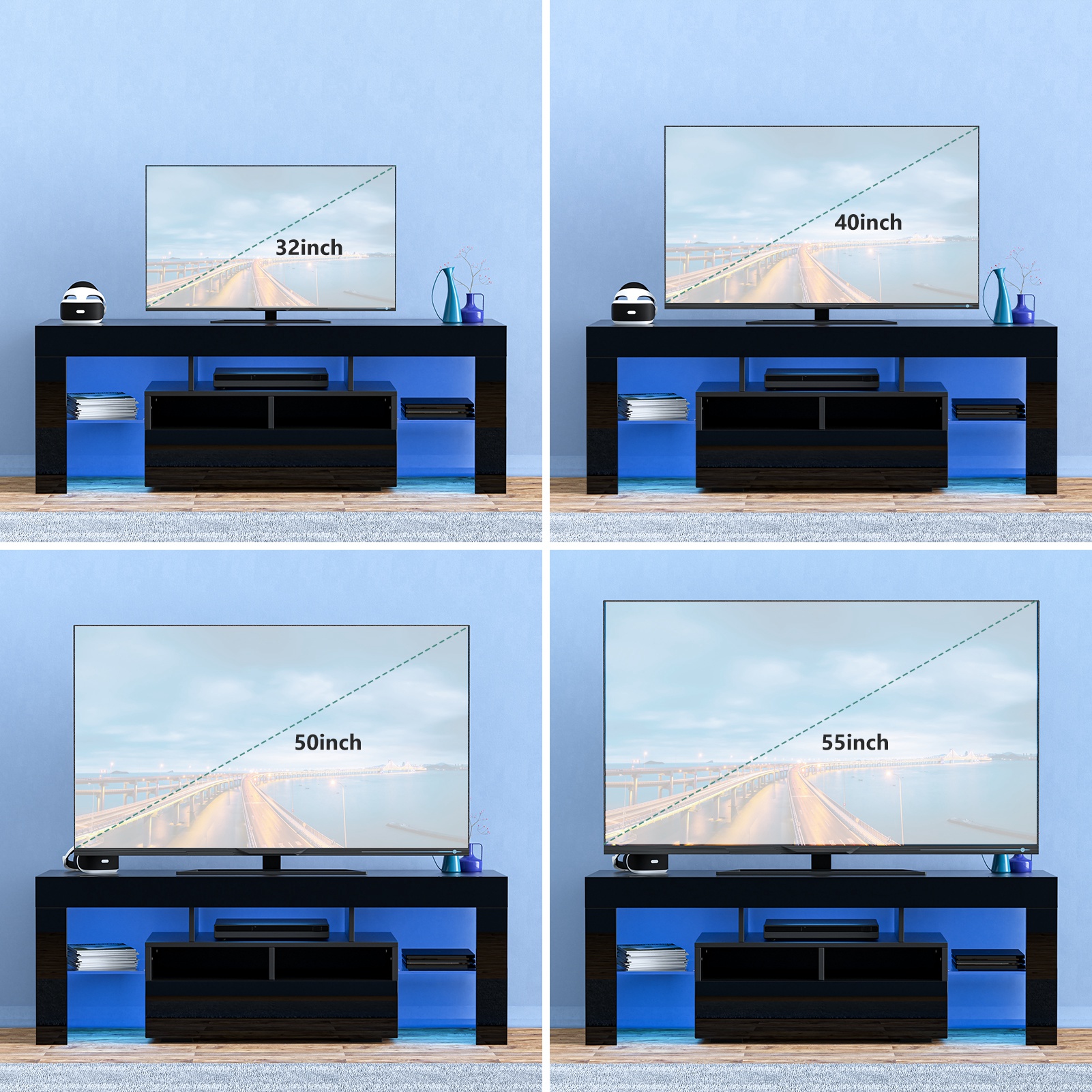 PWFE LED Light TV Stand for 55/60/65 inch TV, Modern Gloss Entertainment Center with Drawer and Glass Open Shelf, TV Console Table for Living Room, Black