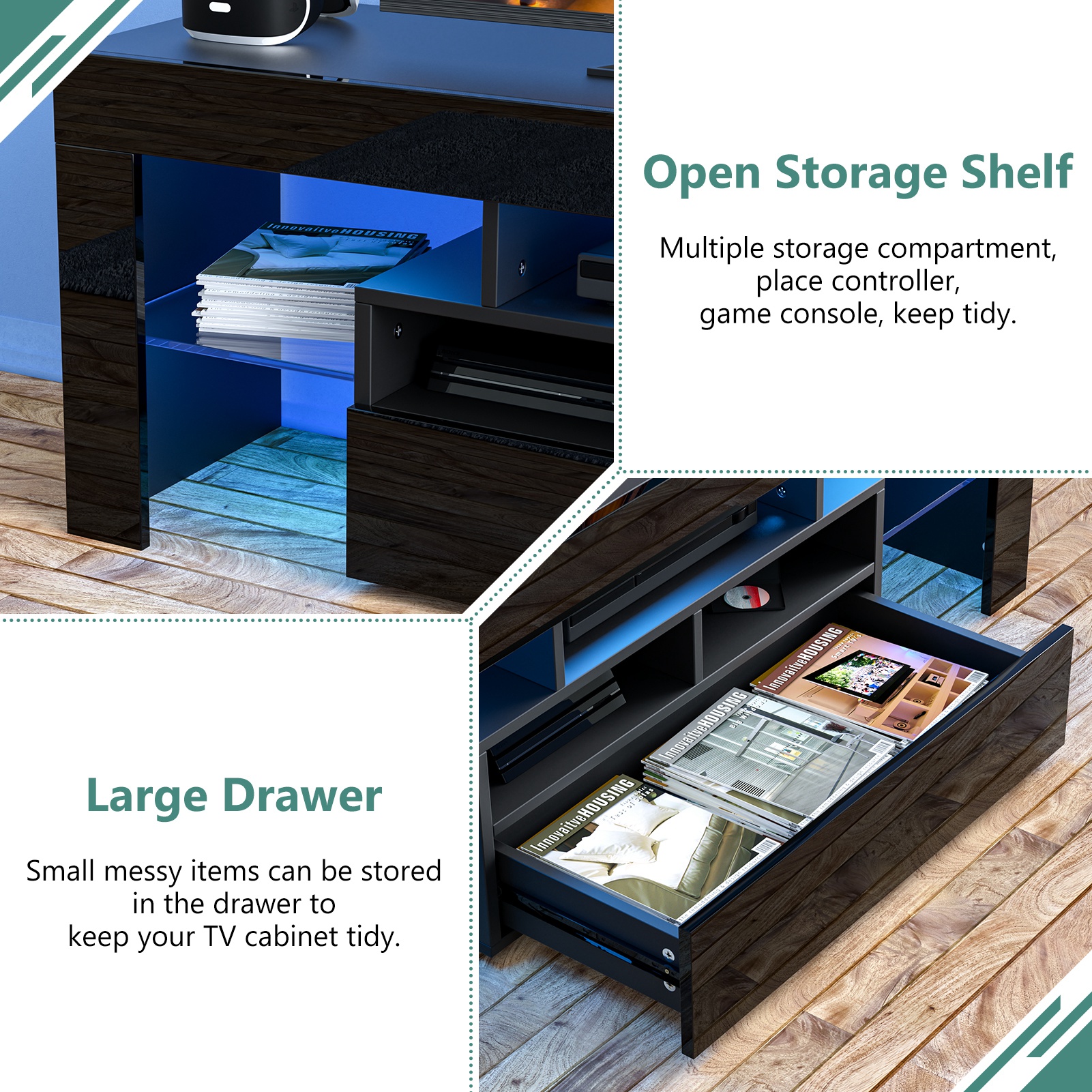 PWFE LED Light TV Stand for 55/60/65 inch TV, Modern Gloss Entertainment Center with Drawer and Glass Open Shelf, TV Console Table for Living Room, Black