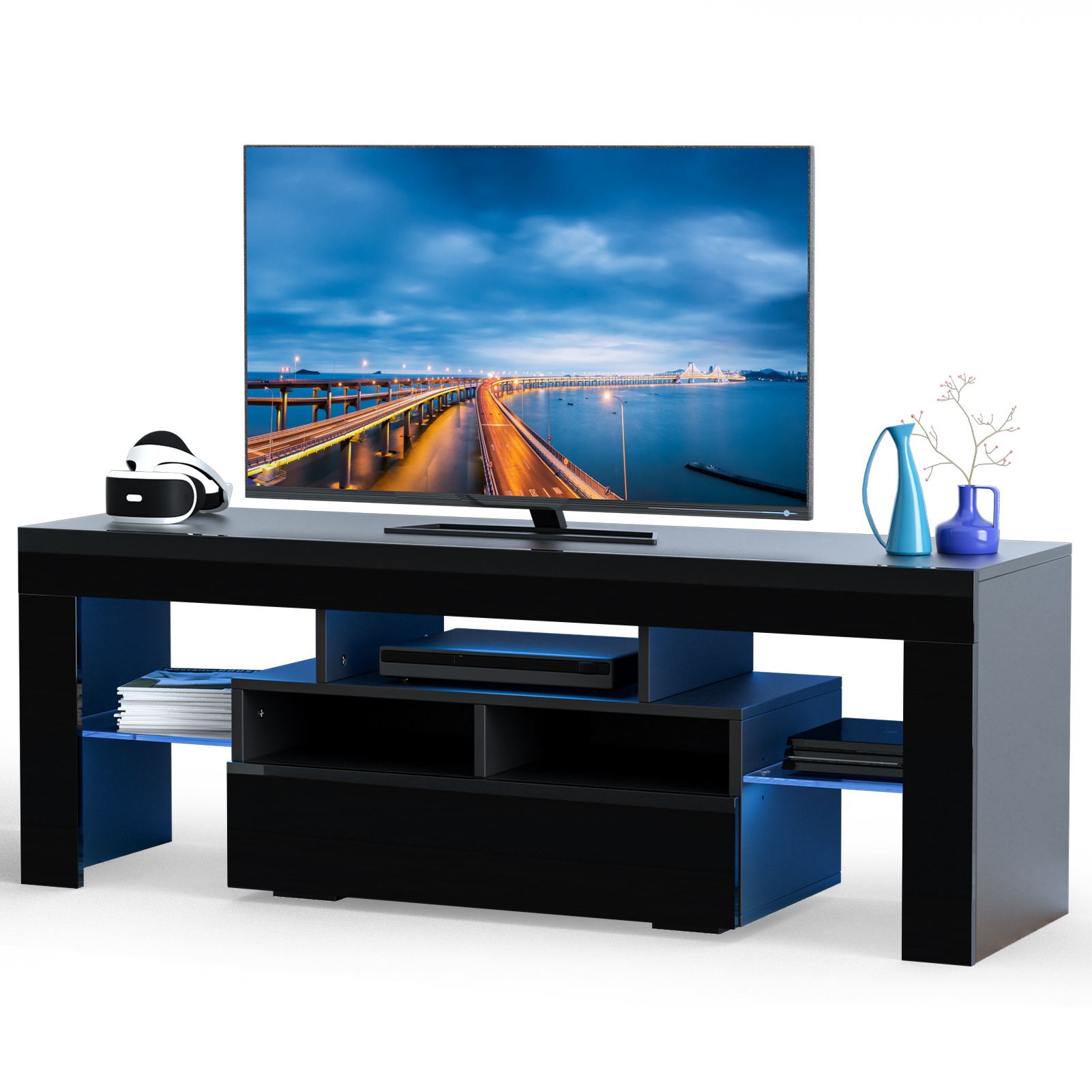 PWFE LED Light TV Stand for 55/60/65 inch TV, Modern Gloss Entertainment Center with Drawer and Glass Open Shelf, TV Console Table for Living Room, Black