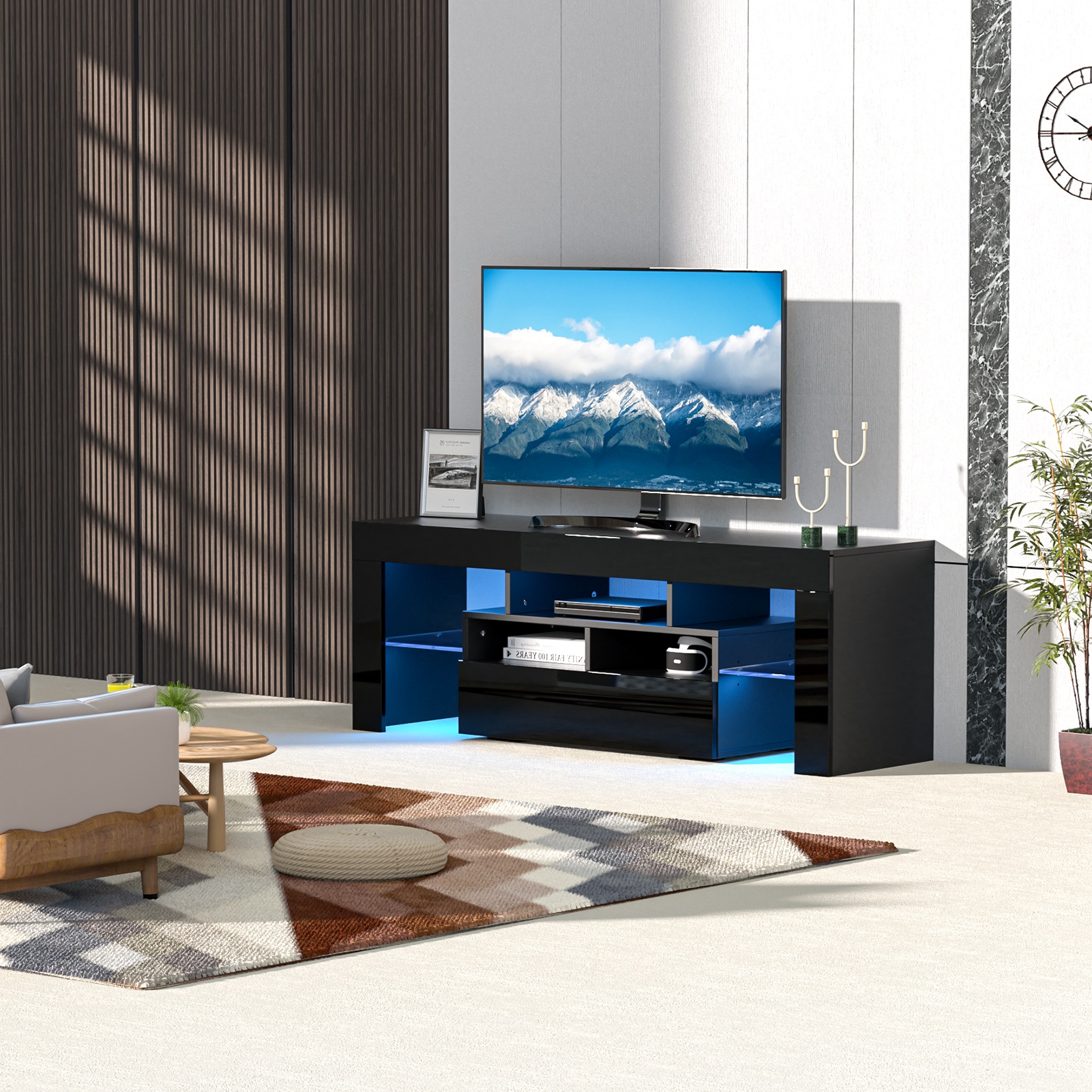 PWFE LED Light TV Stand for 55/60/65 inch TV, Modern Gloss Entertainment Center with Drawer and Glass Open Shelf, TV Console Table for Living Room, Black