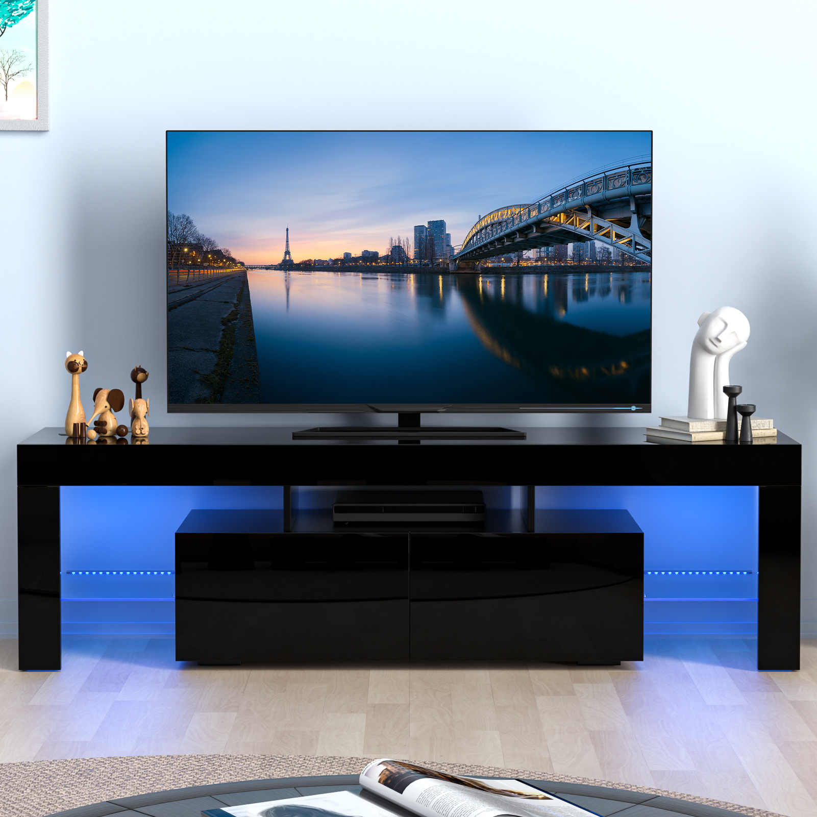 Glossy LED TV Stand Entertainment Cabinet for 70 in TV Media Player Game Console