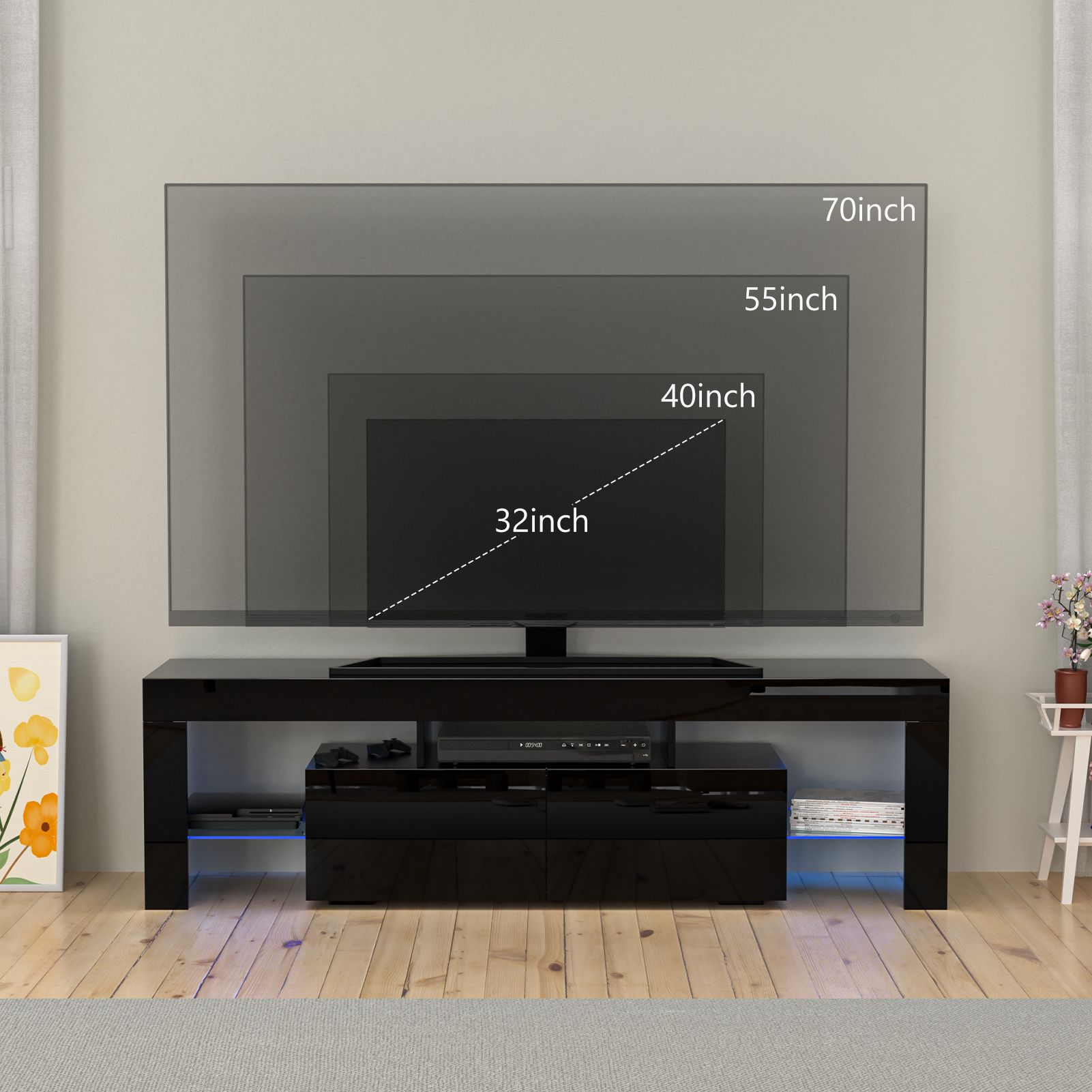 Glossy LED TV Stand Entertainment Cabinet for 70 in TV Media Player Game Console