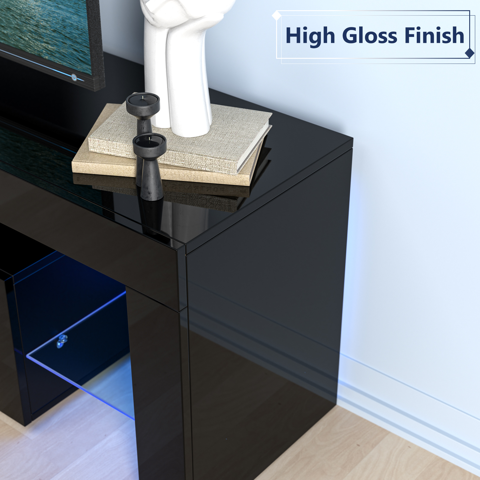 Glossy LED TV Stand Entertainment Cabinet for 70 in TV Media Player Game Console