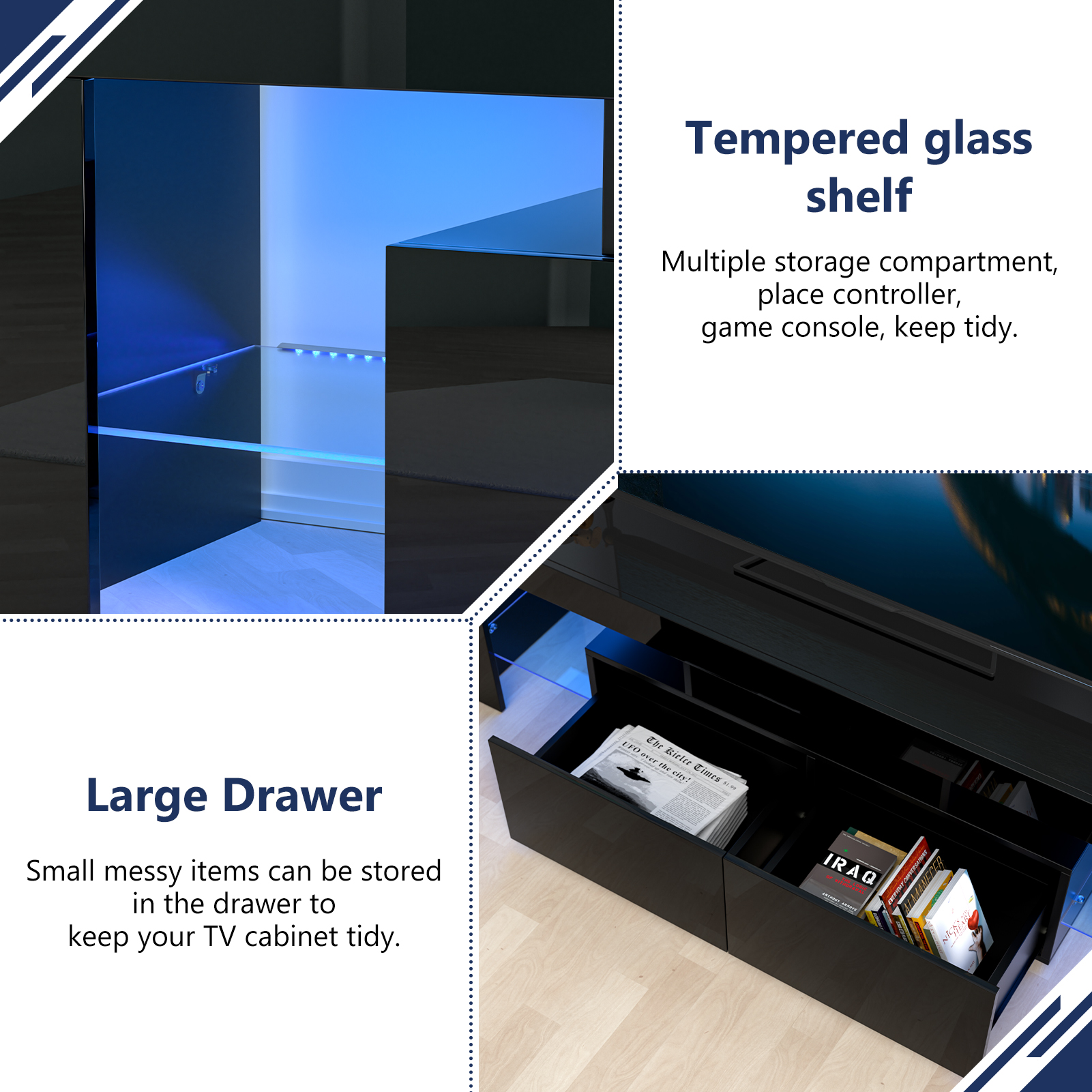 Glossy LED TV Stand Entertainment Cabinet for 70 in TV Media Player Game Console