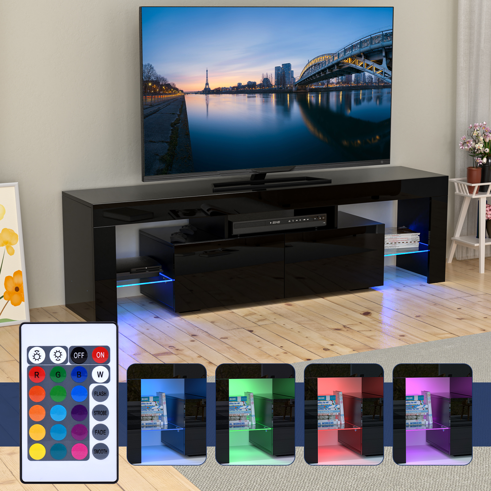 Glossy LED TV Stand Entertainment Cabinet for 70 in TV Media Player Game Console