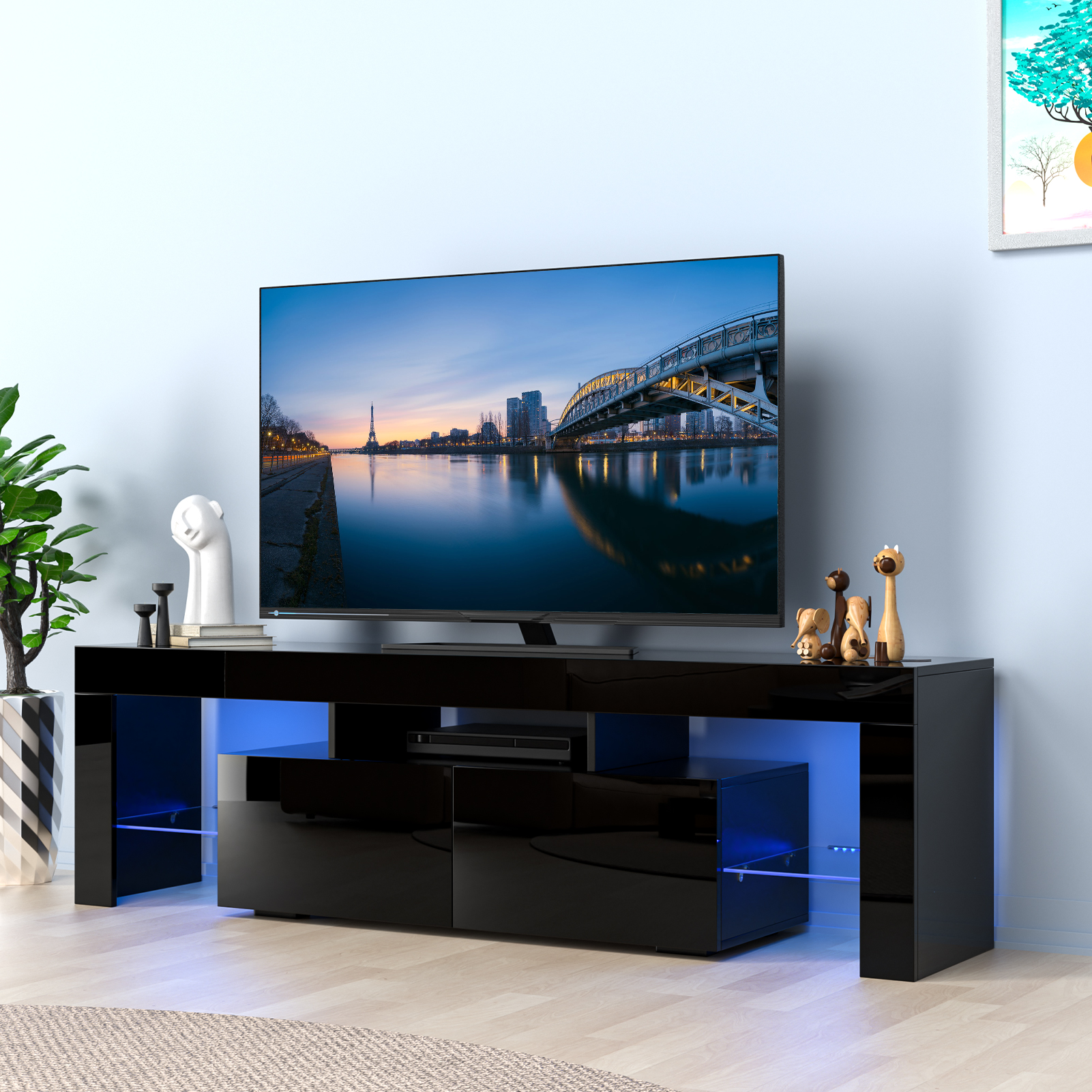 Glossy LED TV Stand Entertainment Cabinet for 70 in TV Media Player Game Console