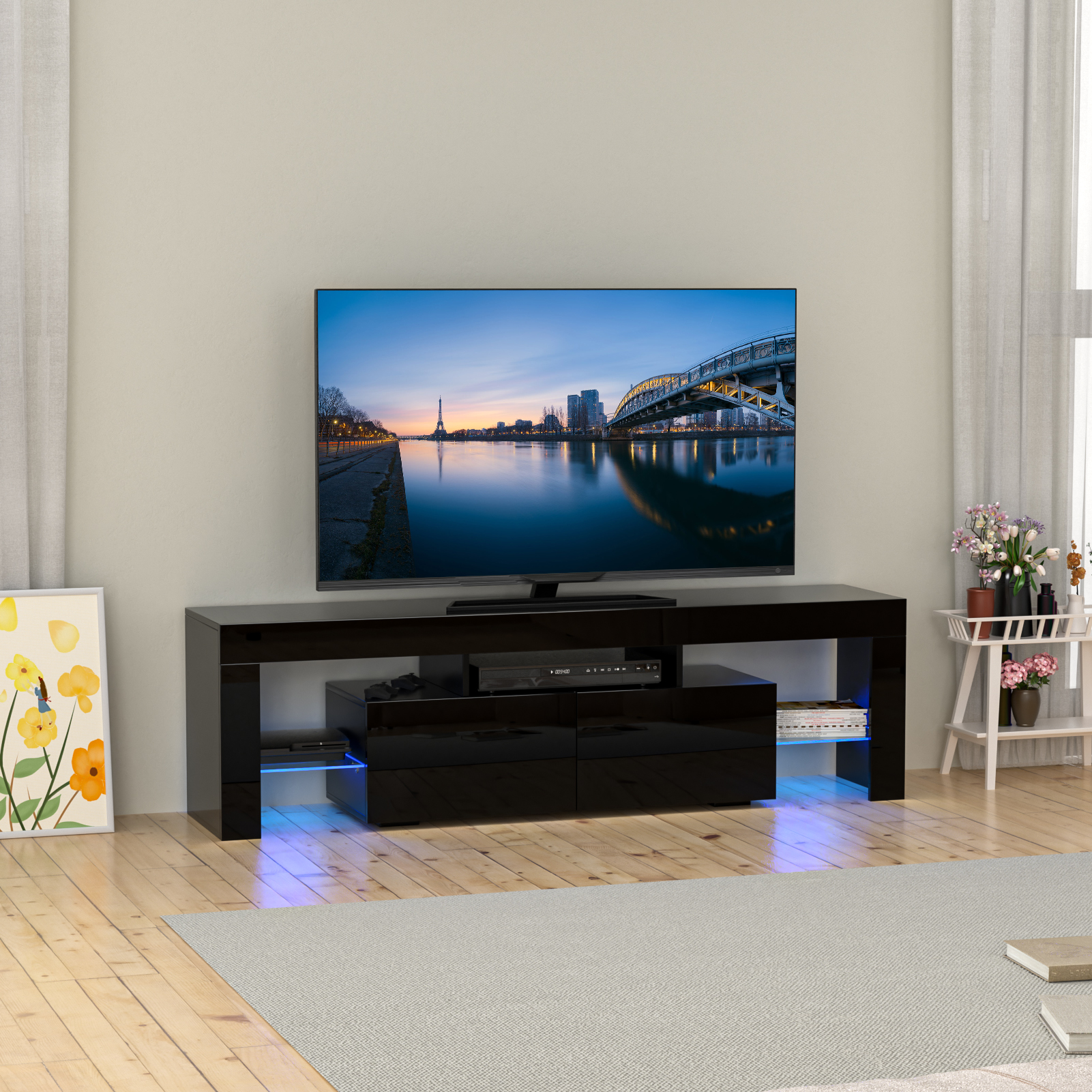Glossy LED TV Stand Entertainment Cabinet for 70 in TV Media Player Game Console