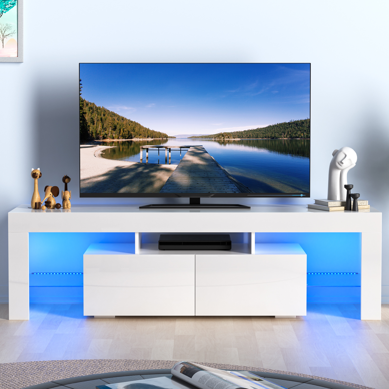 Glossy LED TV Stand Entertainment Cabinet for 70 in TV Media Player Game Console