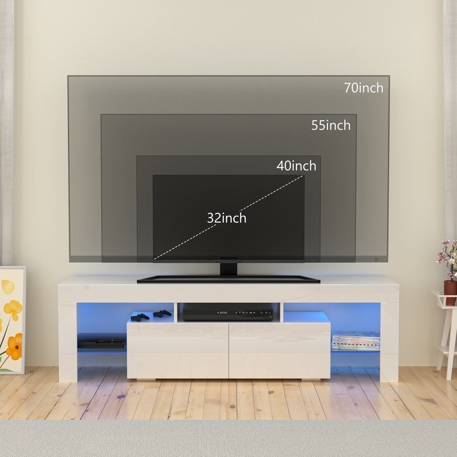 Glossy LED TV Stand Entertainment Cabinet for 70 in TV Media Player Game Console