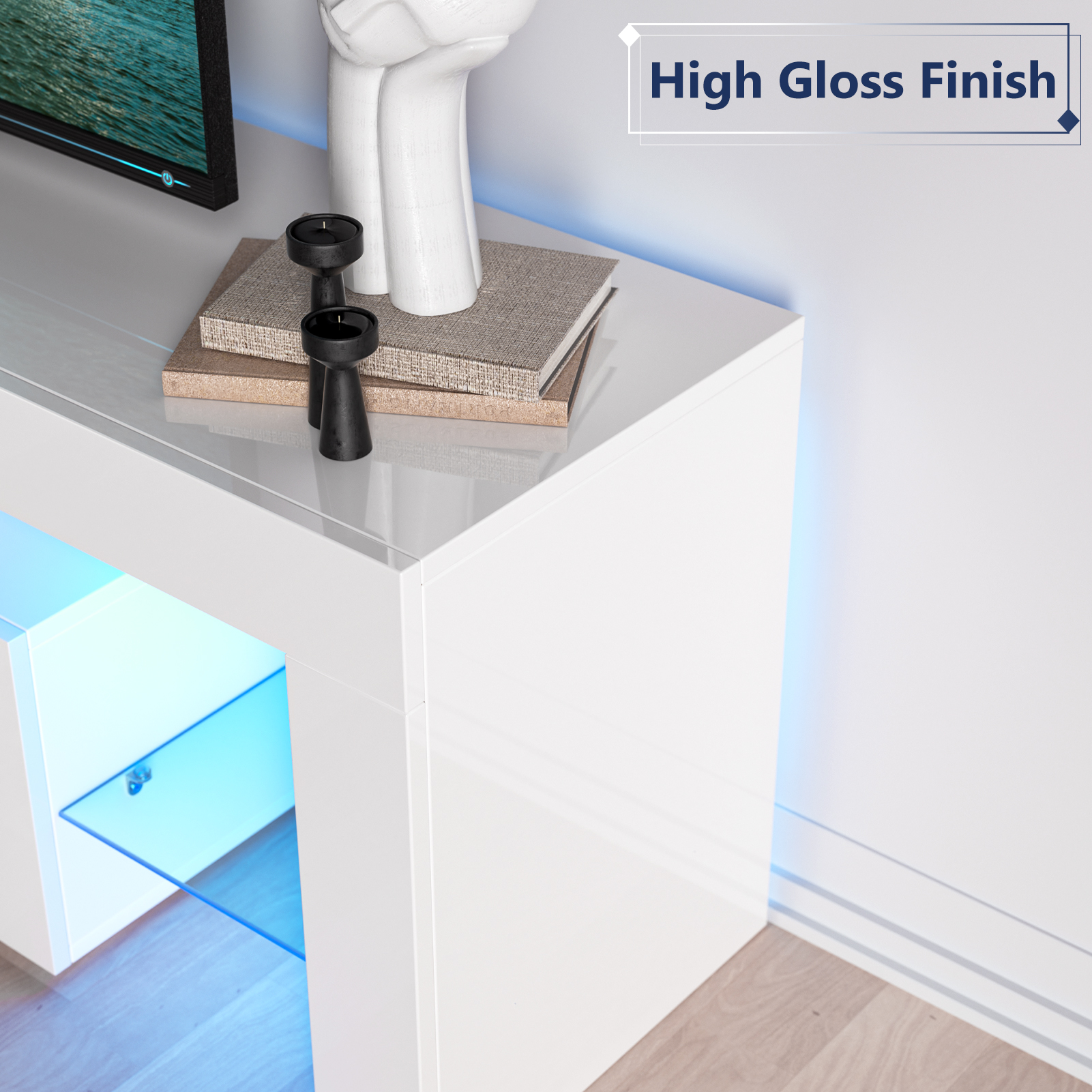 Glossy LED TV Stand Entertainment Cabinet for 70 in TV Media Player Game Console