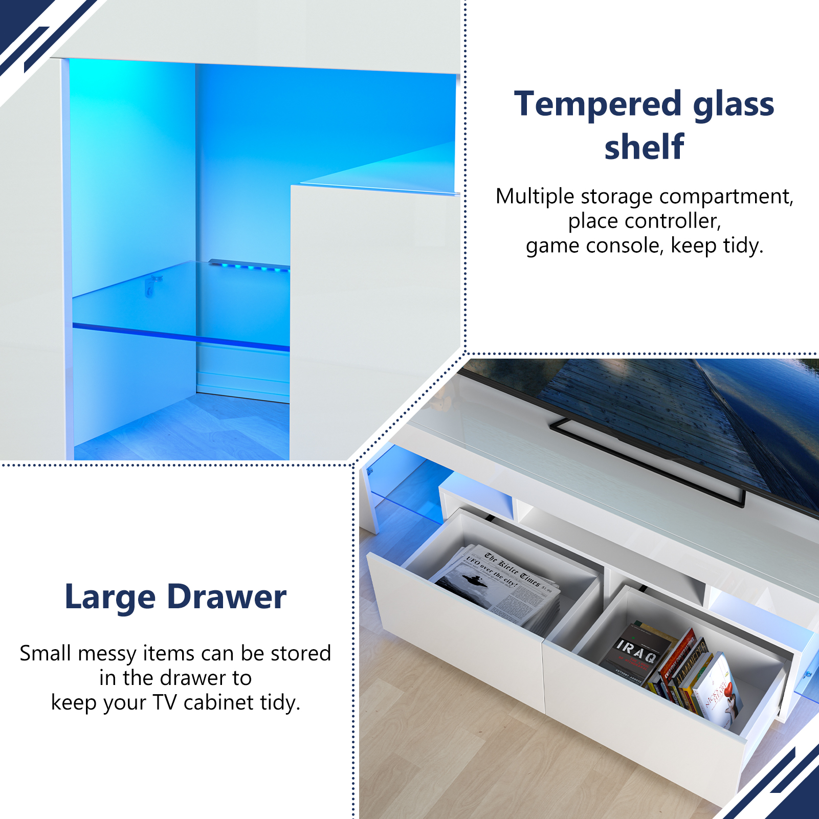 Glossy LED TV Stand Entertainment Cabinet for 70 in TV Media Player Game Console