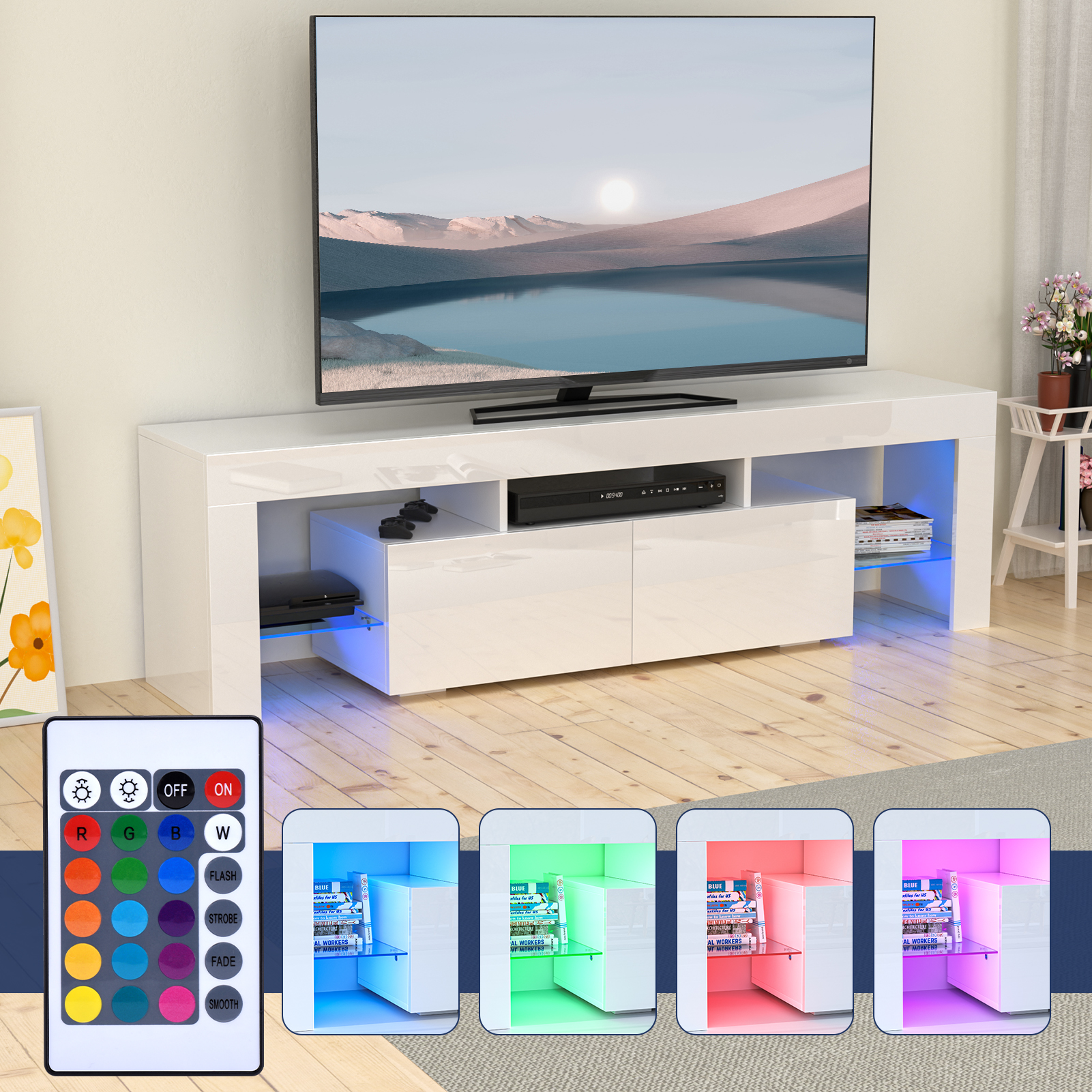 Glossy LED TV Stand Entertainment Cabinet for 70 in TV Media Player Game Console