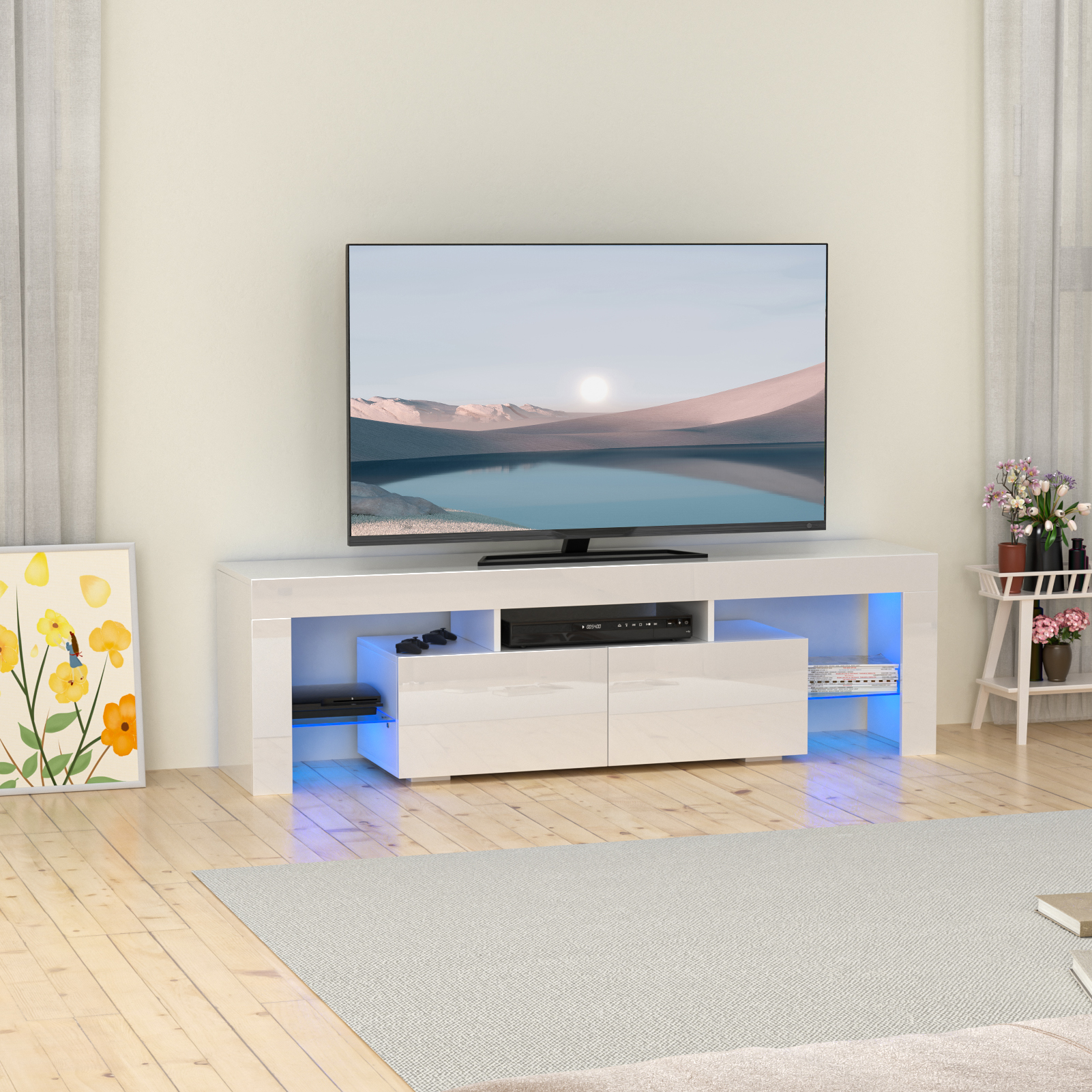 Glossy LED TV Stand Entertainment Cabinet for 70 in TV Media Player Game Console