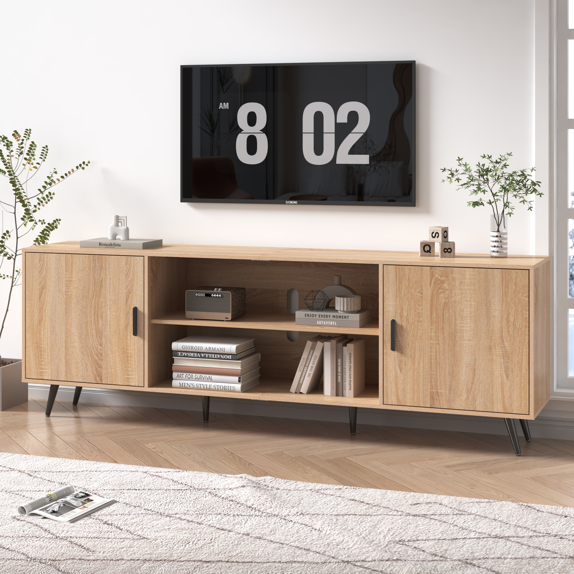 ChVans 70 Inch Mid Century Modern TV Stand for TVs up to 75 inches, Wood TV Stand with Storage, Entertainment Center for Living Room Bedroom, TV Media Console