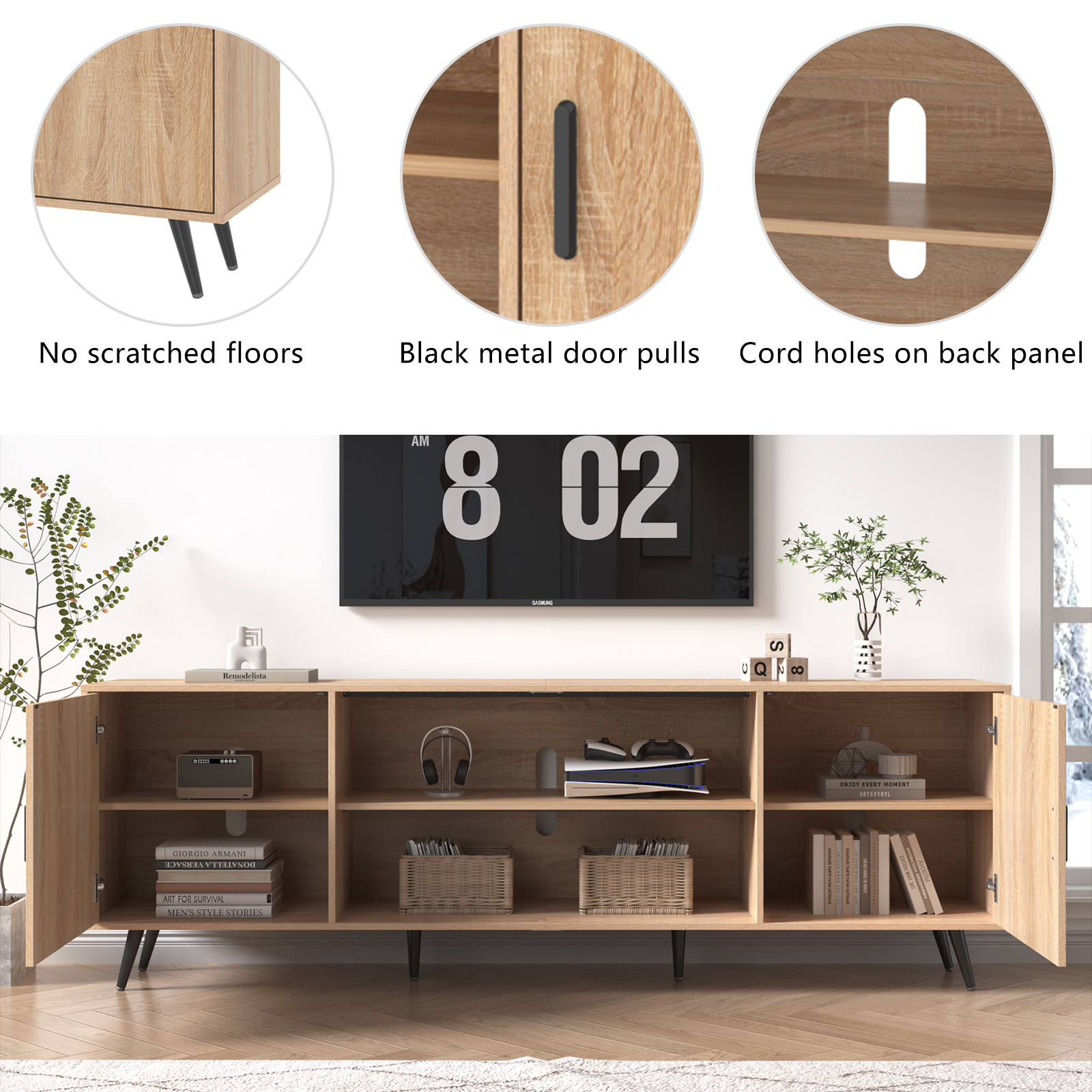 ChVans 70 Inch Mid Century Modern TV Stand for TVs up to 75 inches, Wood TV Stand with Storage, Entertainment Center for Living Room Bedroom, TV Media Console