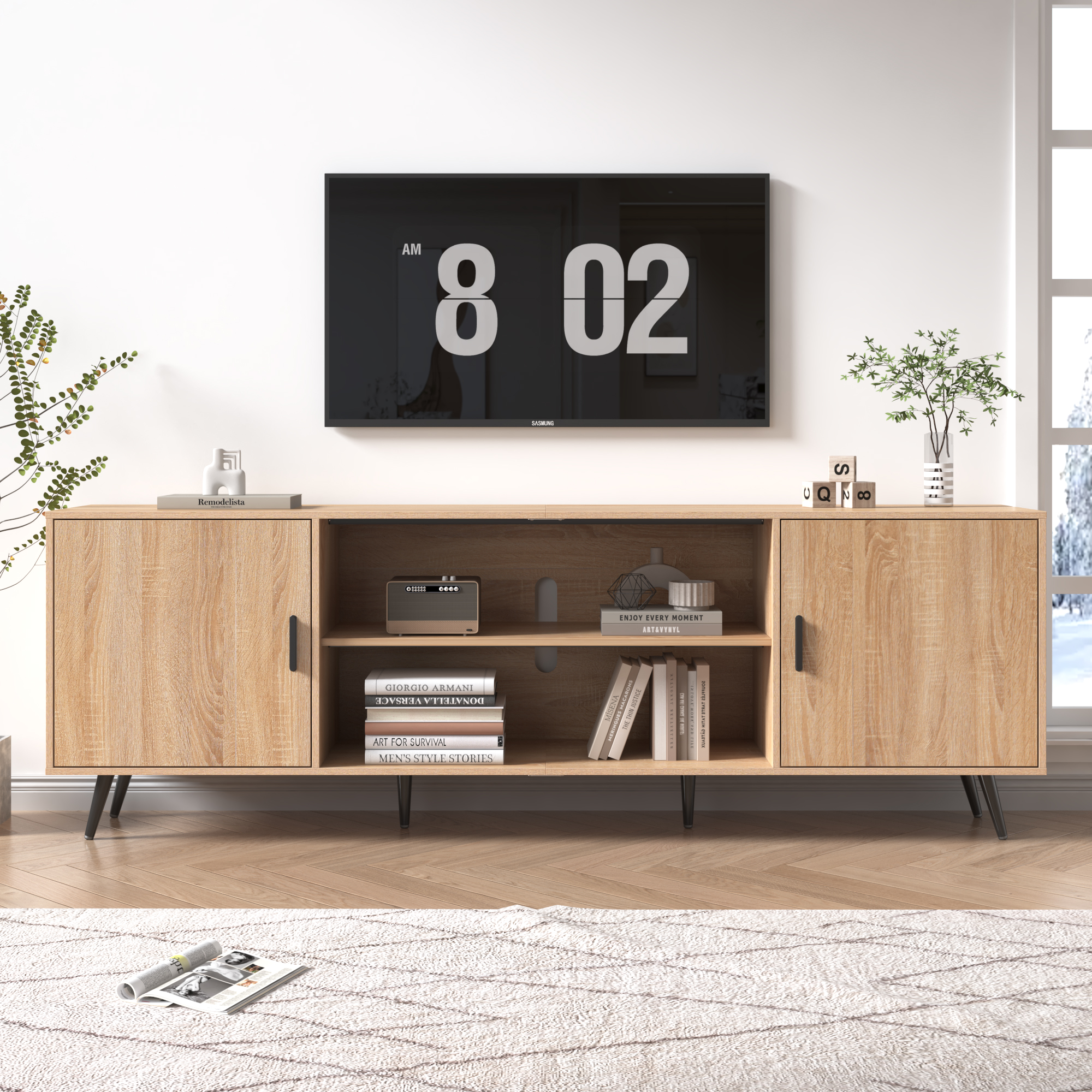 ChVans 70 Inch Mid Century Modern TV Stand for TVs up to 75 inches, Wood TV Stand with Storage, Entertainment Center for Living Room Bedroom, TV Media Console