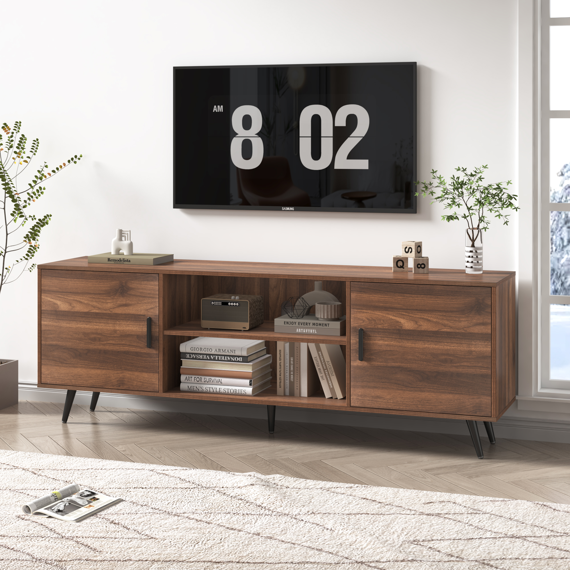 ChVans 70 Inch Mid Century Modern TV Stand for TVs up to 75 inches, Wood TV Stand with Storage, Entertainment Center for Living Room Bedroom, TV Media Console