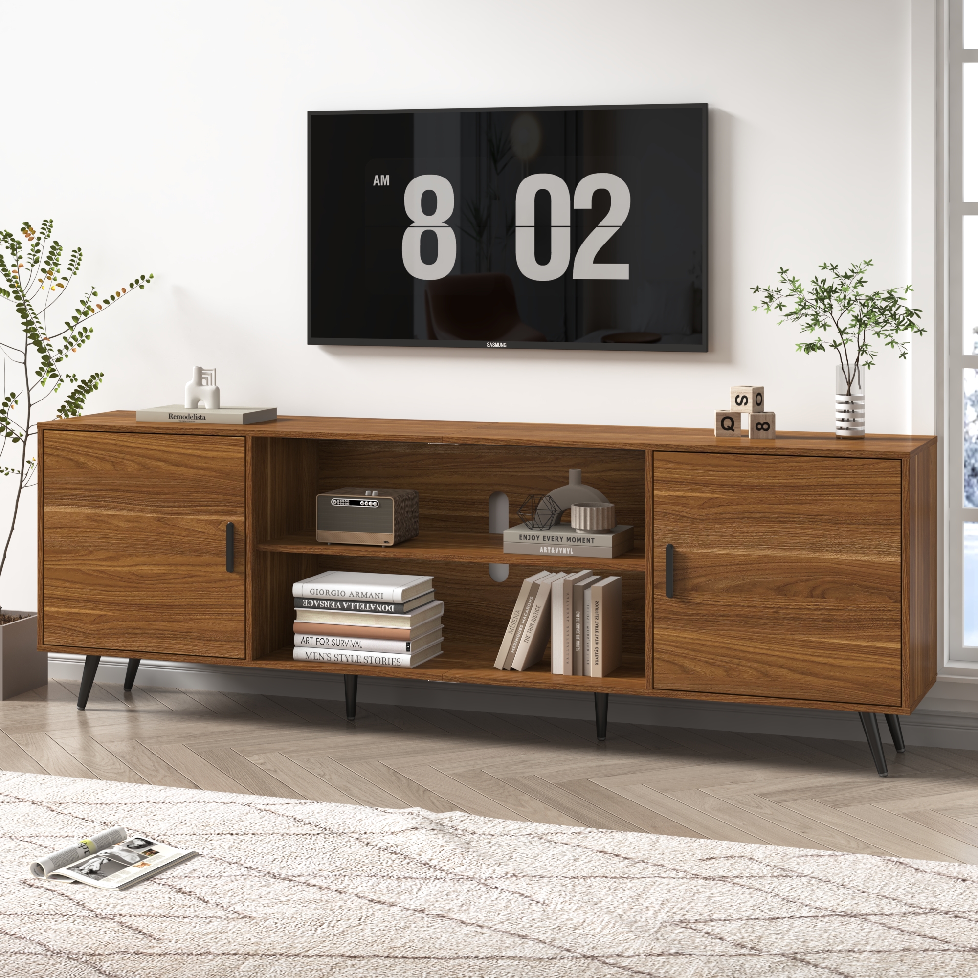 ChVans 70 Inch Mid Century Modern TV Stand for TVs up to 75 inches, Wood TV Stand with Storage, Entertainment Center for Living Room Bedroom, TV Media Console
