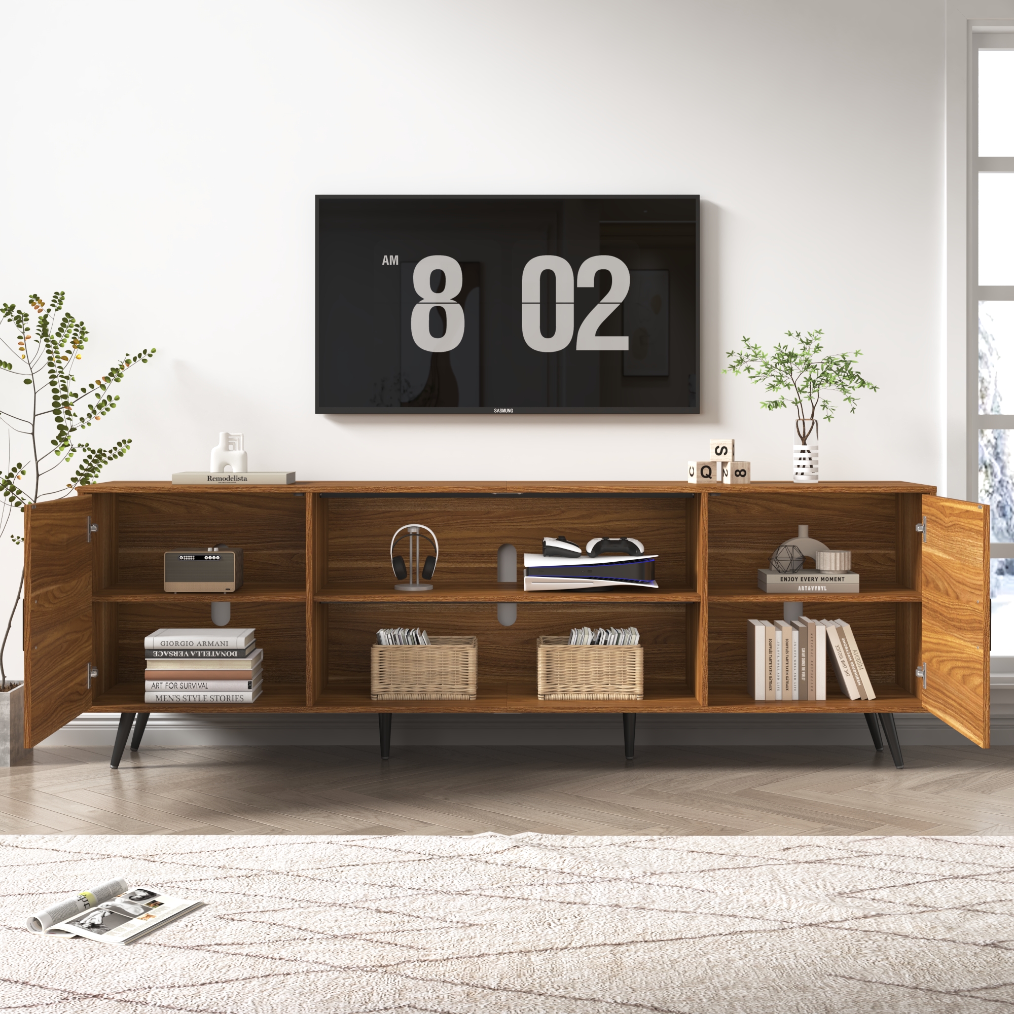 ChVans 70 Inch Mid Century Modern TV Stand for TVs up to 75 inches, Wood TV Stand with Storage, Entertainment Center for Living Room Bedroom, TV Media Console