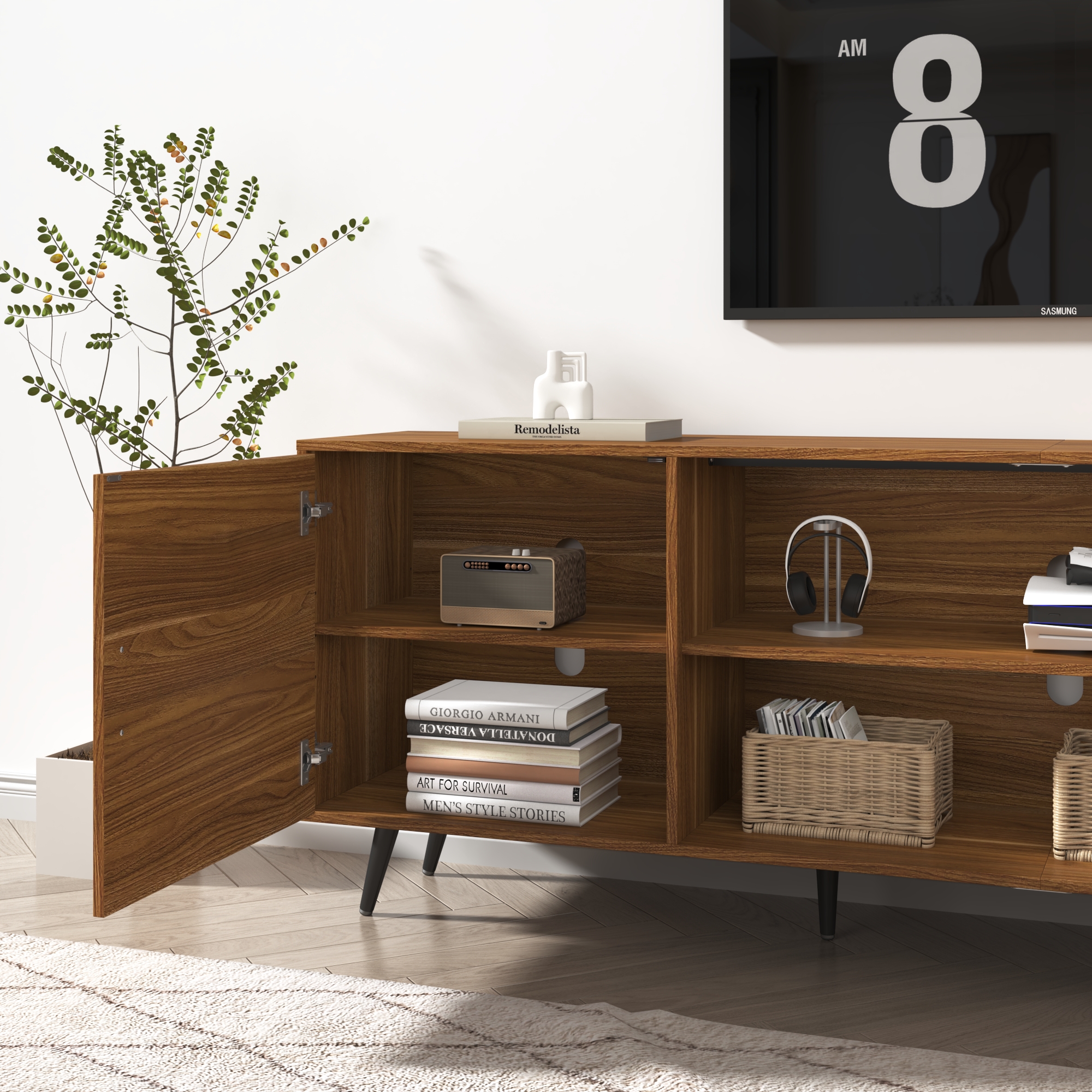 ChVans 70 Inch Mid Century Modern TV Stand for TVs up to 75 inches, Wood TV Stand with Storage, Entertainment Center for Living Room Bedroom, TV Media Console