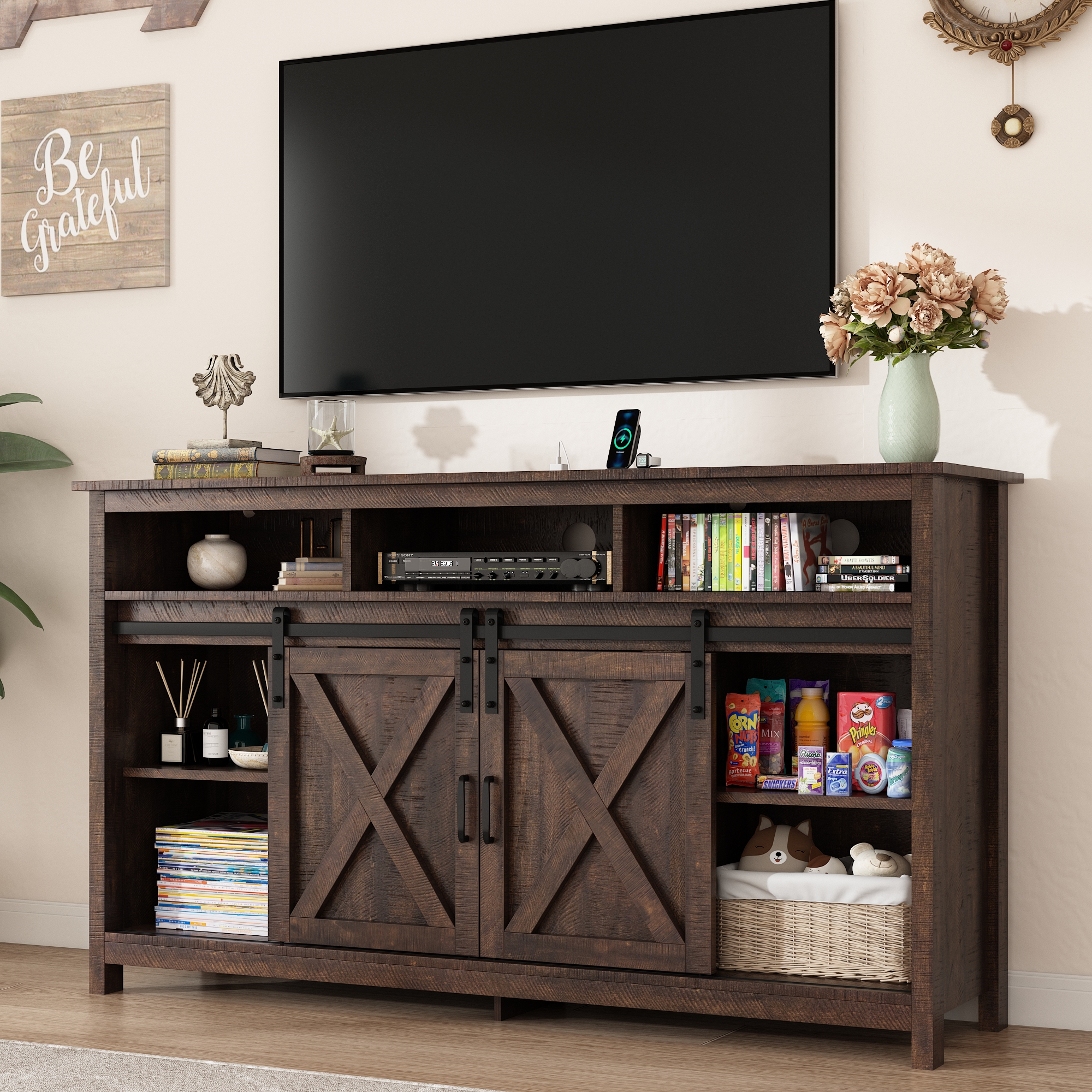 ANPOO Farmhouse TV Stand for 65 inch TVs, Rustic Entertainment Center TV Cabinet Stands with Power Outlets and LED lights