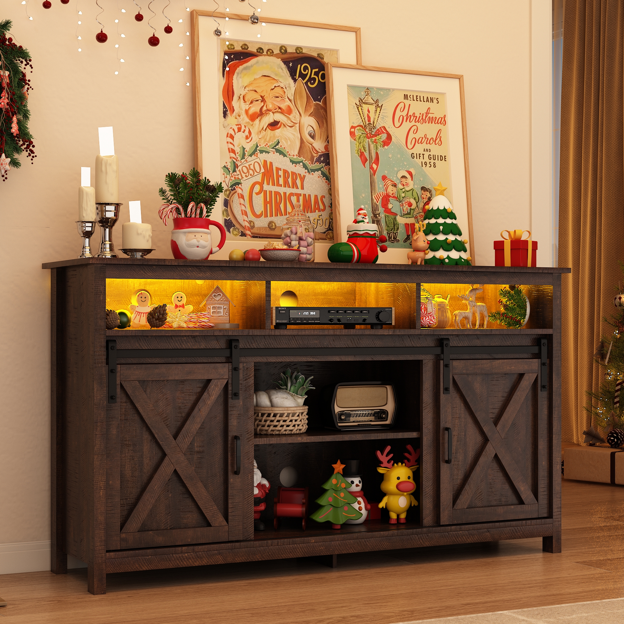 ANPOO Farmhouse TV Stand for 65 inch TVs, Rustic Entertainment Center TV Cabinet Stands with Power Outlets and LED lights