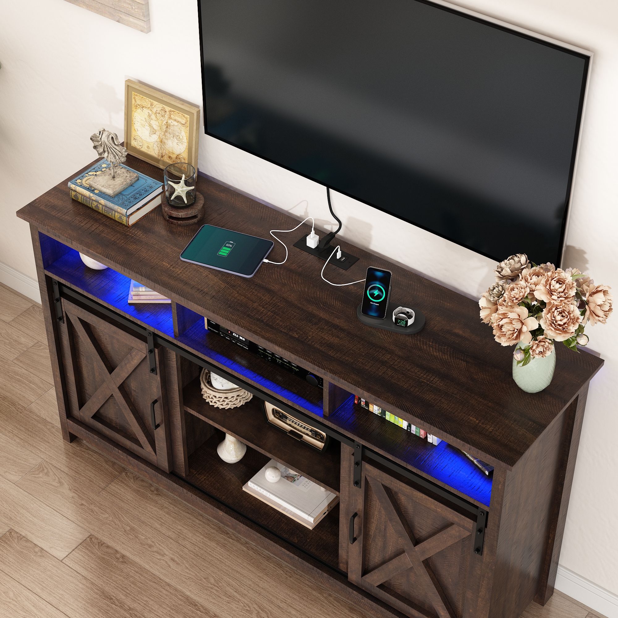 ANPOO Farmhouse TV Stand for 65 inch TVs, Rustic Entertainment Center TV Cabinet Stands with Power Outlets and LED lights