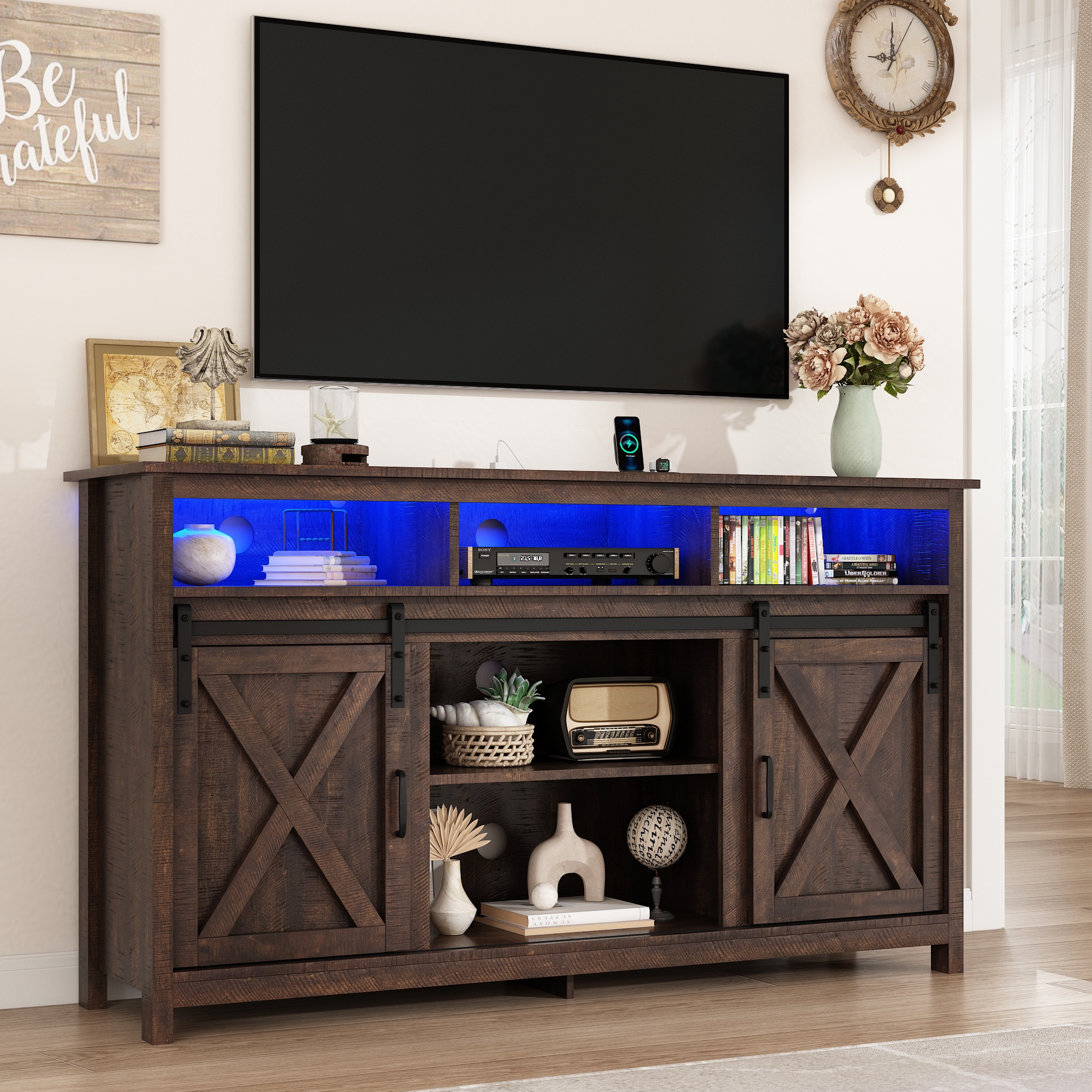 ANPOO Farmhouse TV Stand for 65 inch TVs, Rustic Entertainment Center TV Cabinet Stands with Power Outlets and LED lights