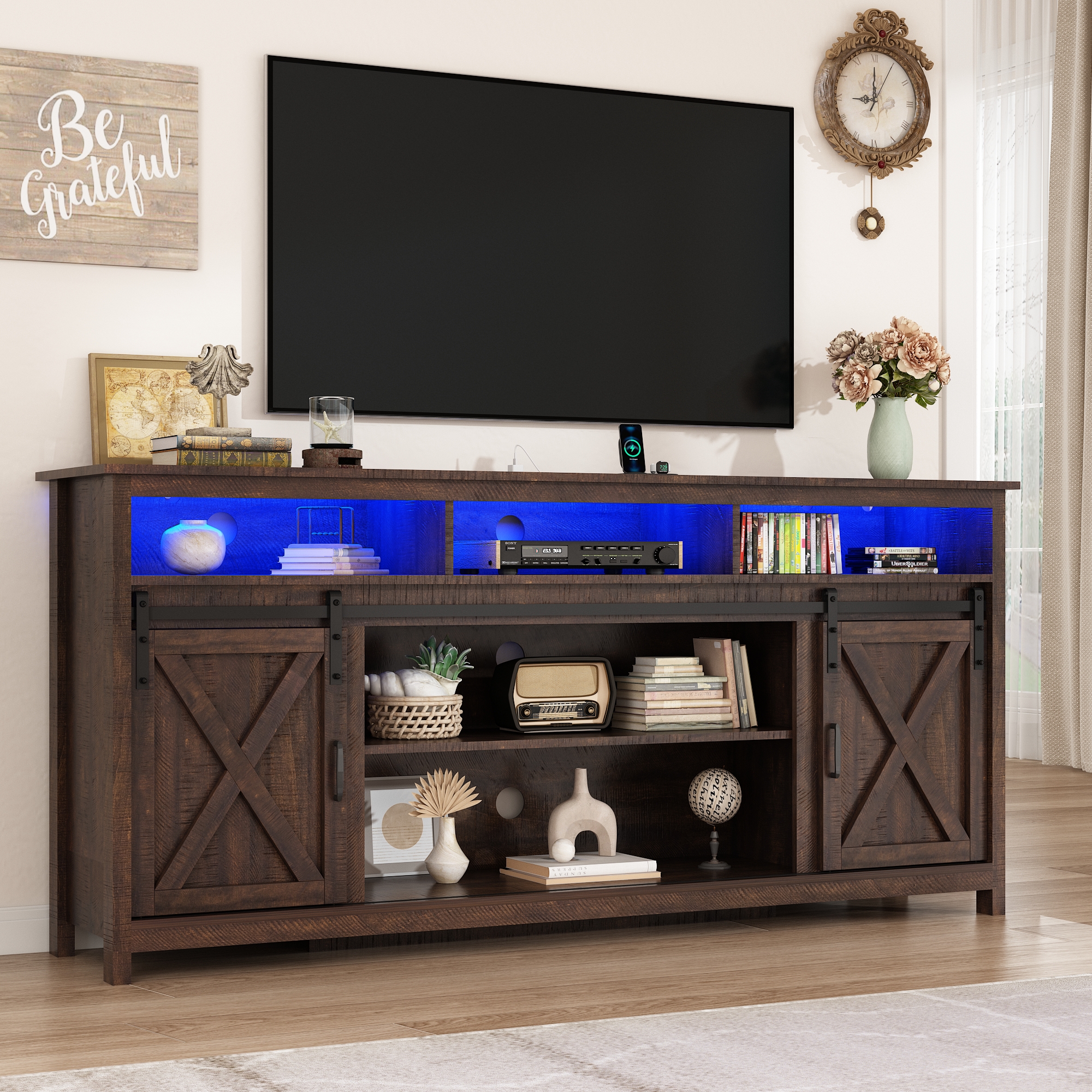 ANPOO Farmhouse TV Stand for 80 inch TVs, Rustic Entertainment Center TV Cabinet Stands with Power Outlets and LED lights