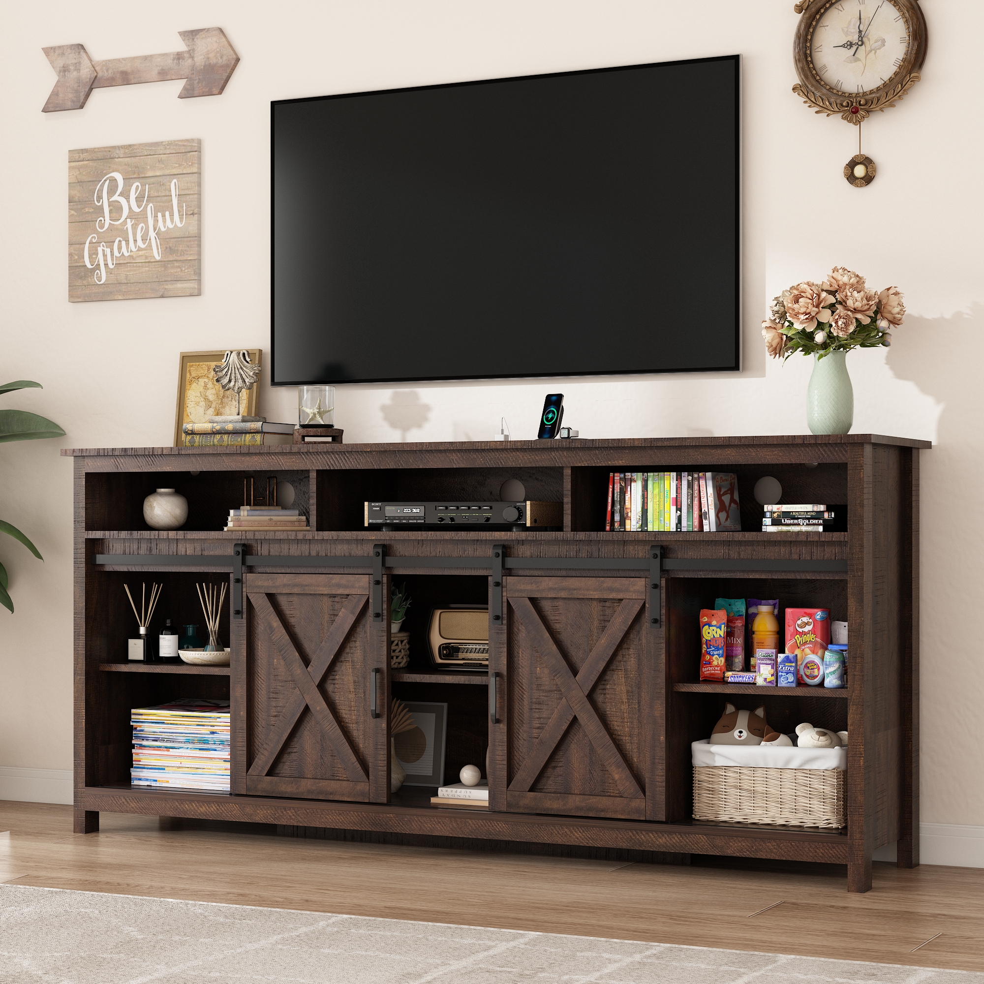 ANPOO Farmhouse TV Stand for 80 inch TVs, Rustic Entertainment Center TV Cabinet Stands with Power Outlets and LED lights