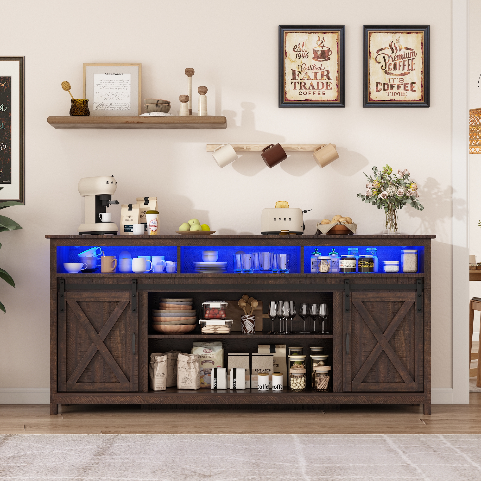 ANPOO Farmhouse TV Stand for 80 inch TVs, Rustic Entertainment Center TV Cabinet Stands with Power Outlets and LED lights