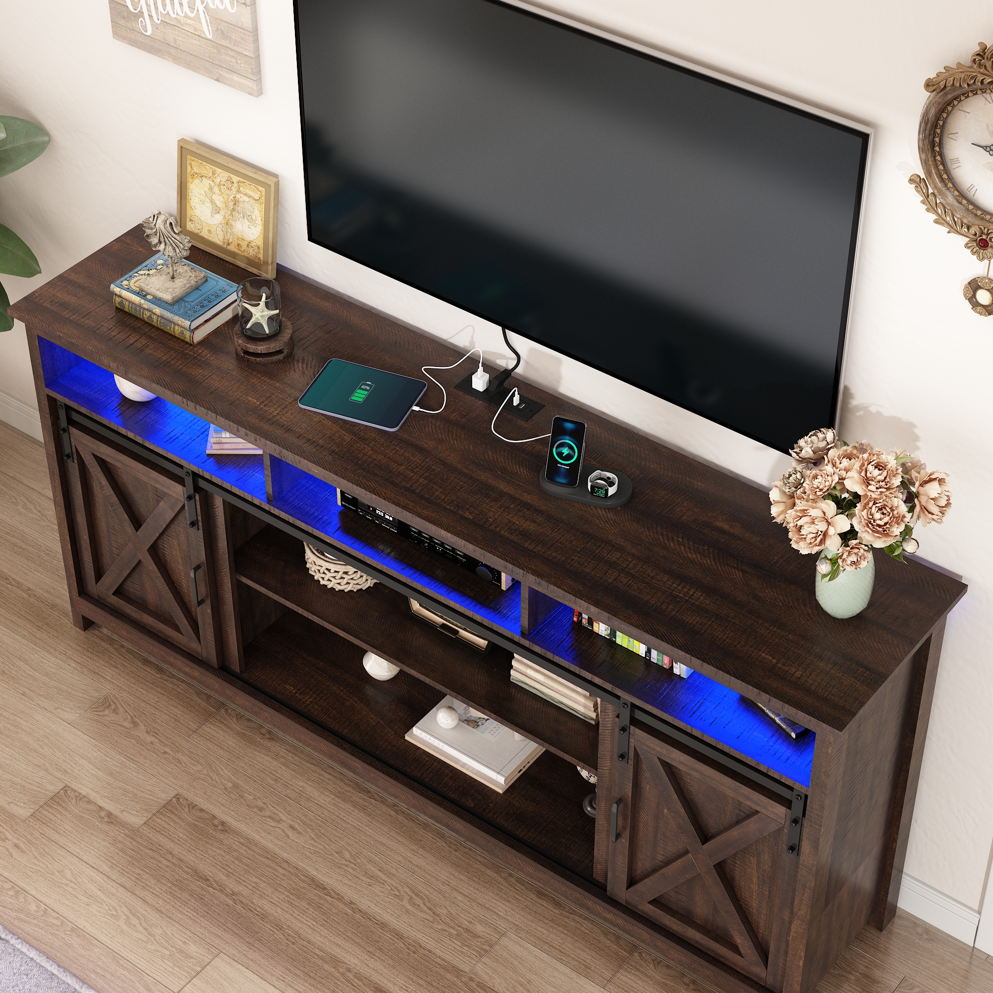 ANPOO Farmhouse TV Stand for 80 inch TVs, Rustic Entertainment Center TV Cabinet Stands with Power Outlets and LED lights