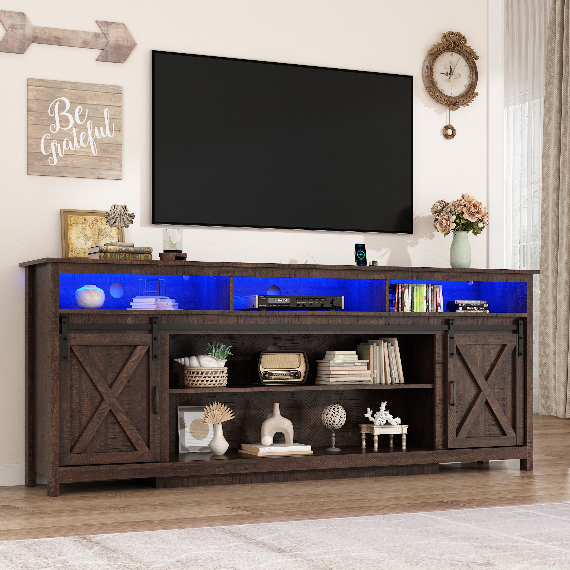 ANPOO Farmhouse TV Stand for 80 inch TVs, Rustic Entertainment Center TV Cabinet Stands with Power Outlets and LED lights